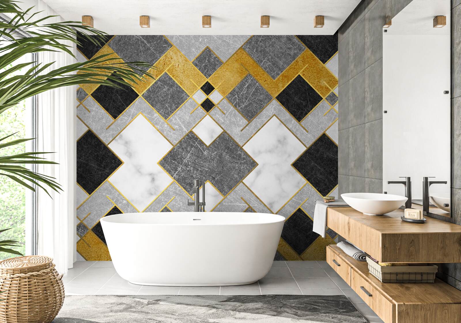 Papier peint des carrés de différentes couleurs se reflétant dans un miroir