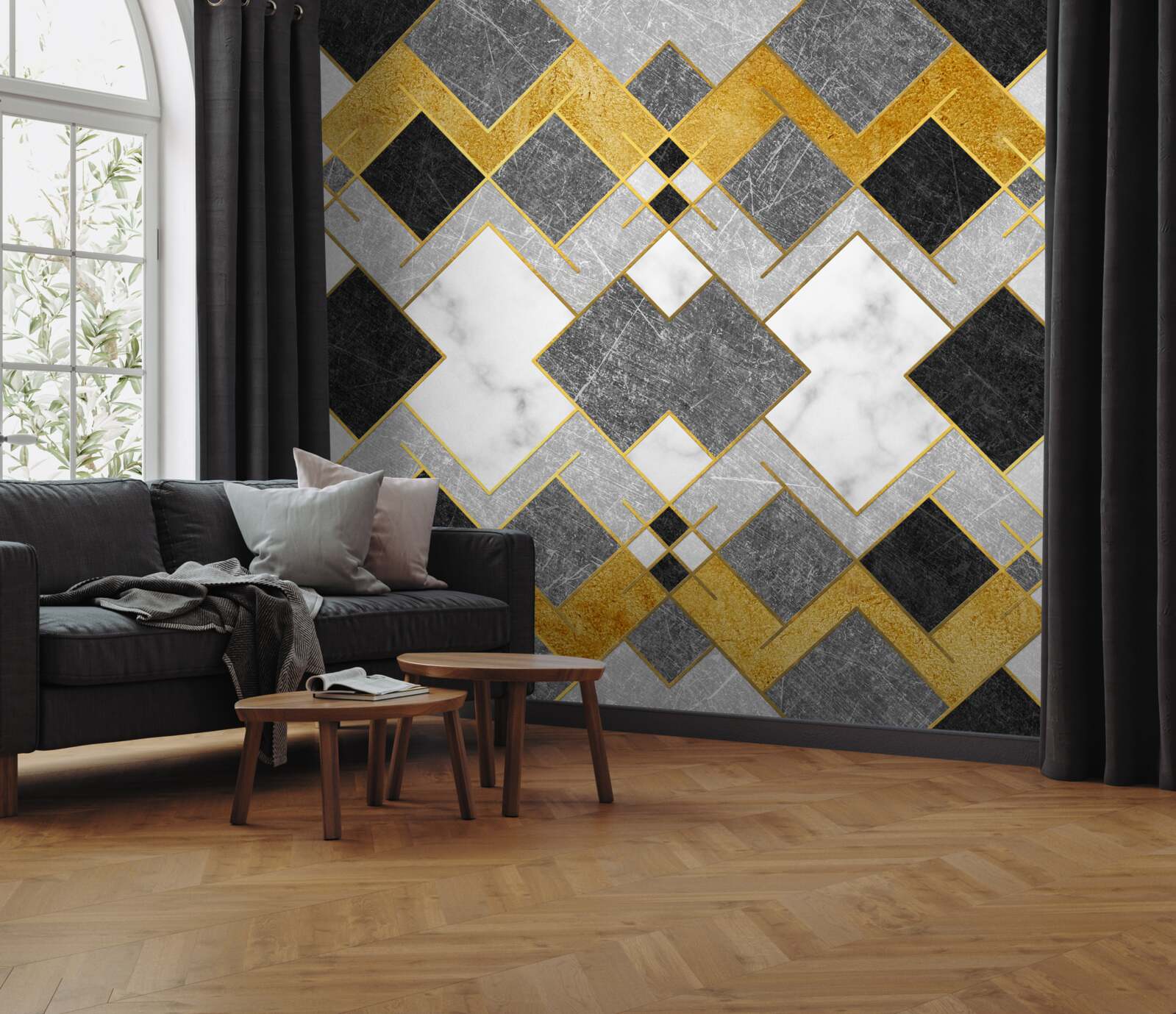 Papier peint des carrés de différentes couleurs se reflétant dans un miroir