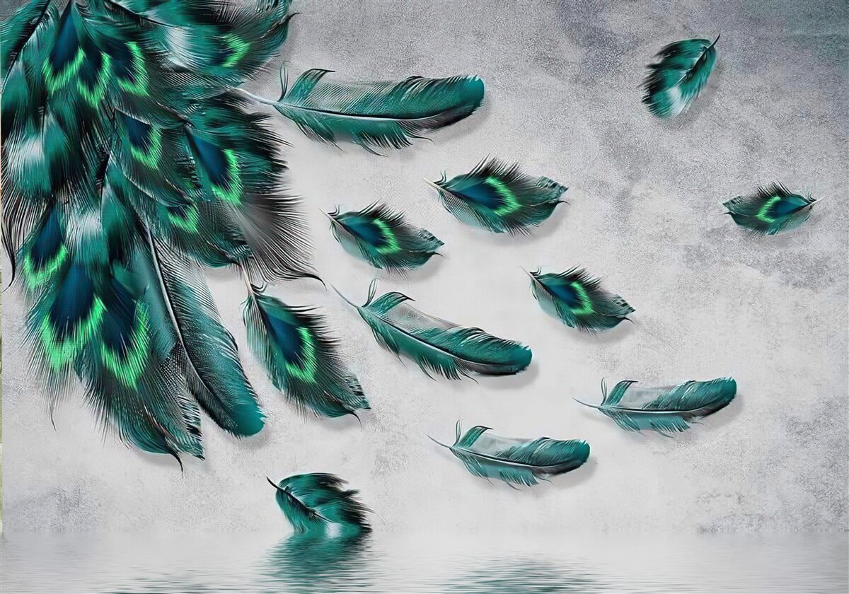 Papier peint l'eau est couverte de plumes de paon émeraude descendantes