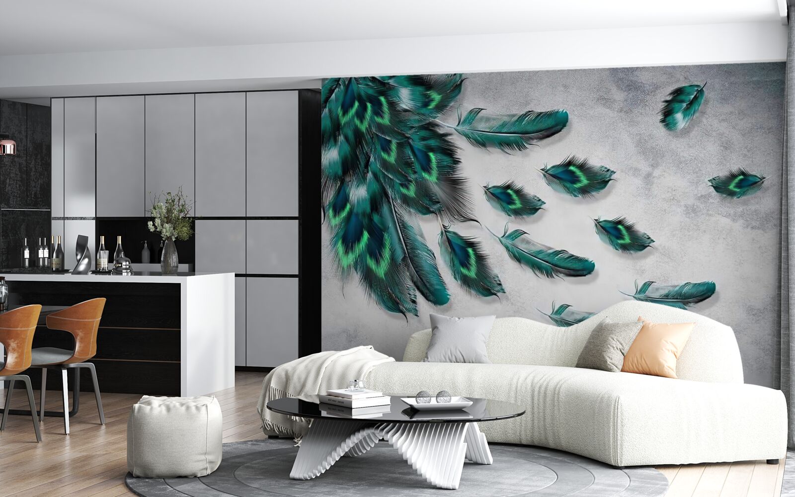 Papier peint l'eau est couverte de plumes de paon émeraude descendantes