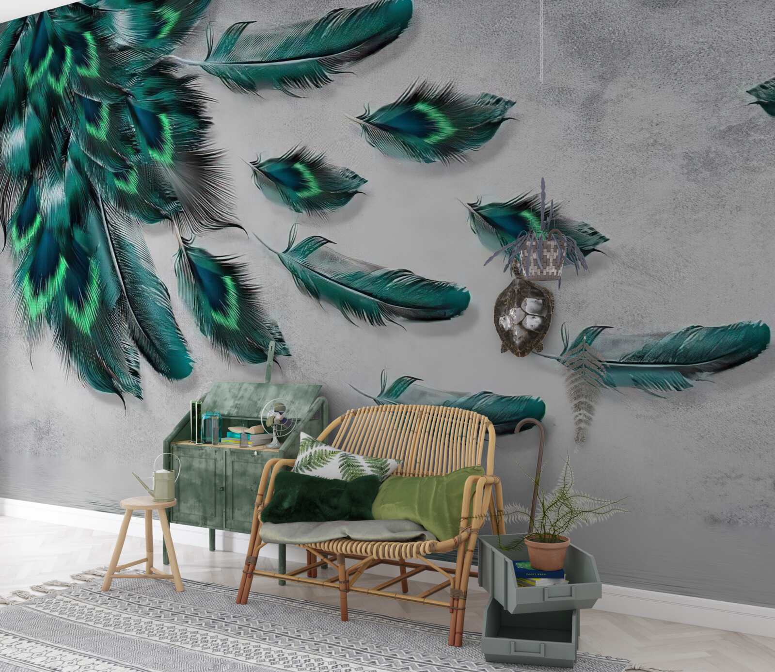 Papier peint l'eau est couverte de plumes de paon émeraude descendantes