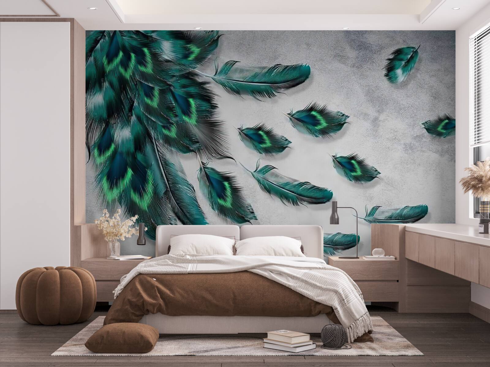 Papier peint l'eau est couverte de plumes de paon émeraude descendantes
