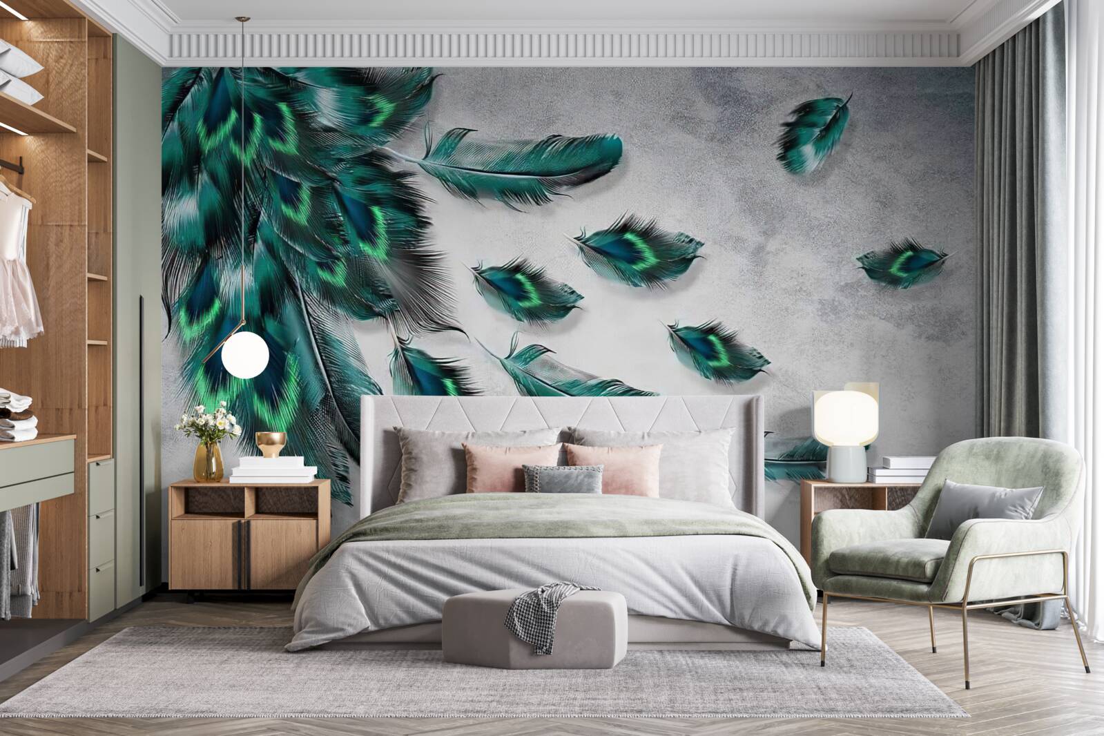 Papier peint l'eau est couverte de plumes de paon émeraude descendantes