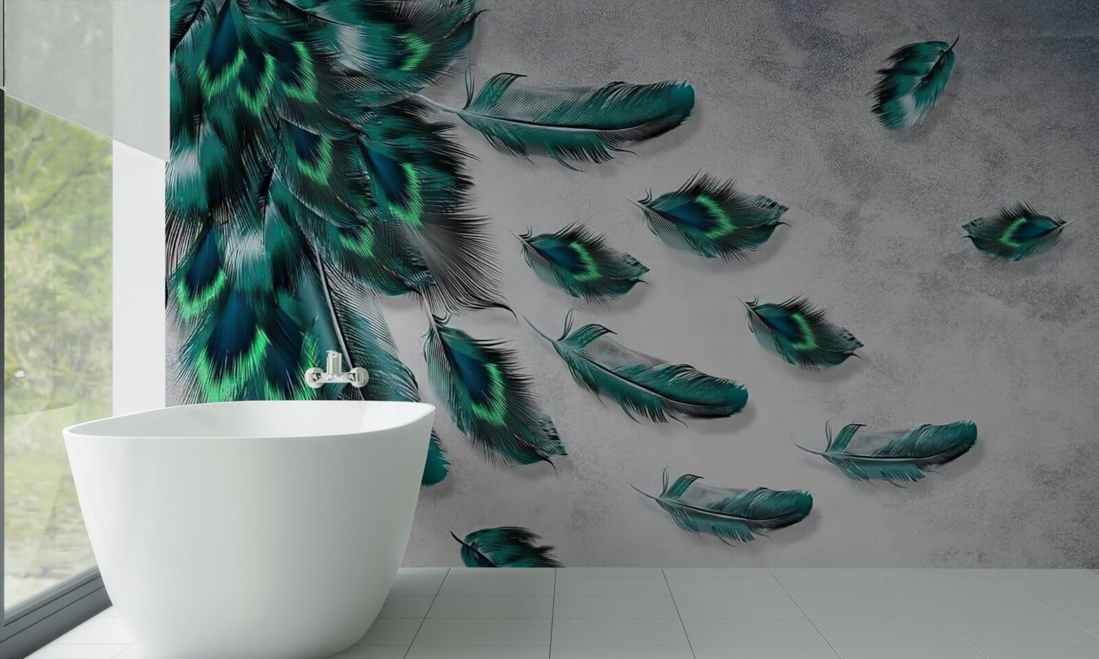 Papier peint l'eau est couverte de plumes de paon émeraude descendantes