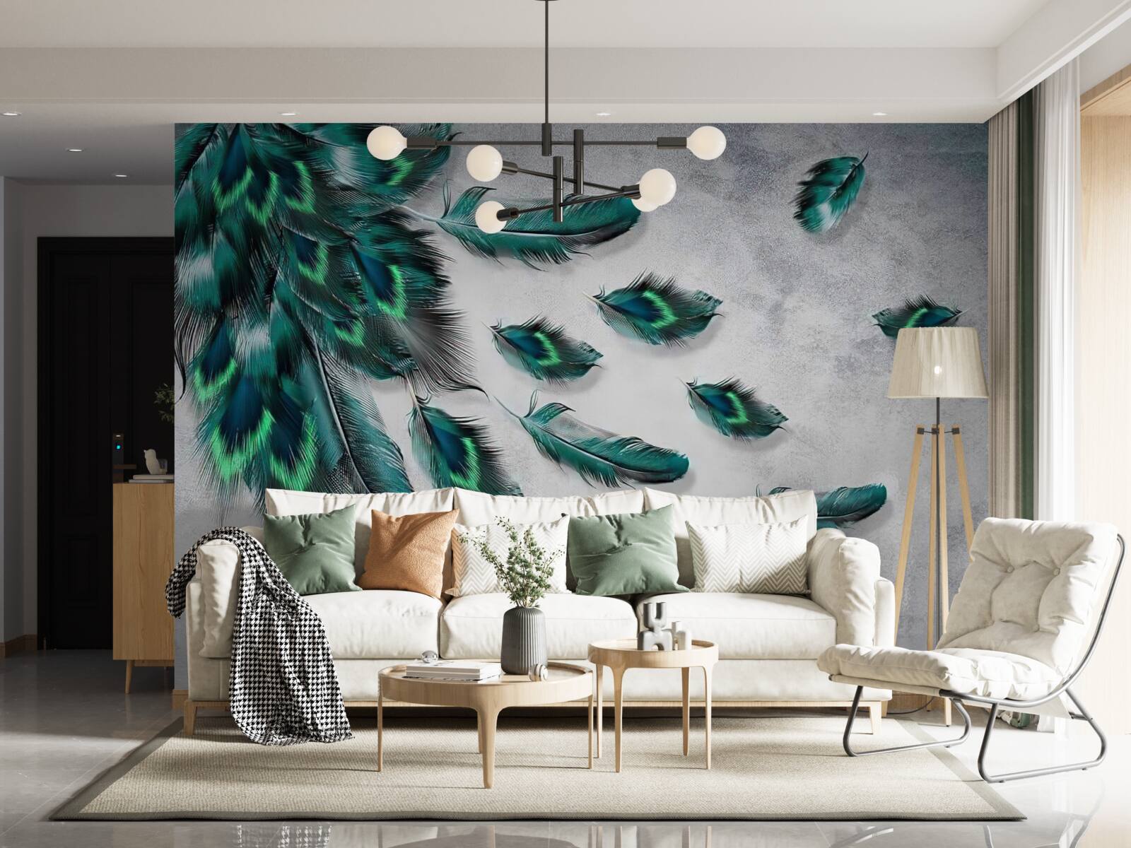 Papier peint l'eau est couverte de plumes de paon émeraude descendantes