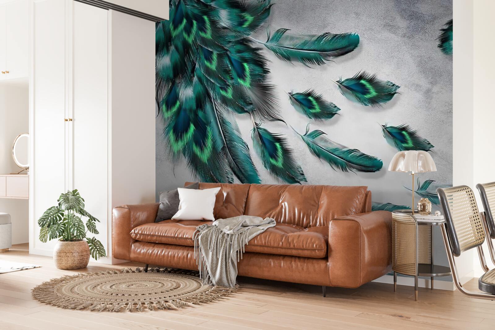 Papier peint l'eau est couverte de plumes de paon émeraude descendantes
