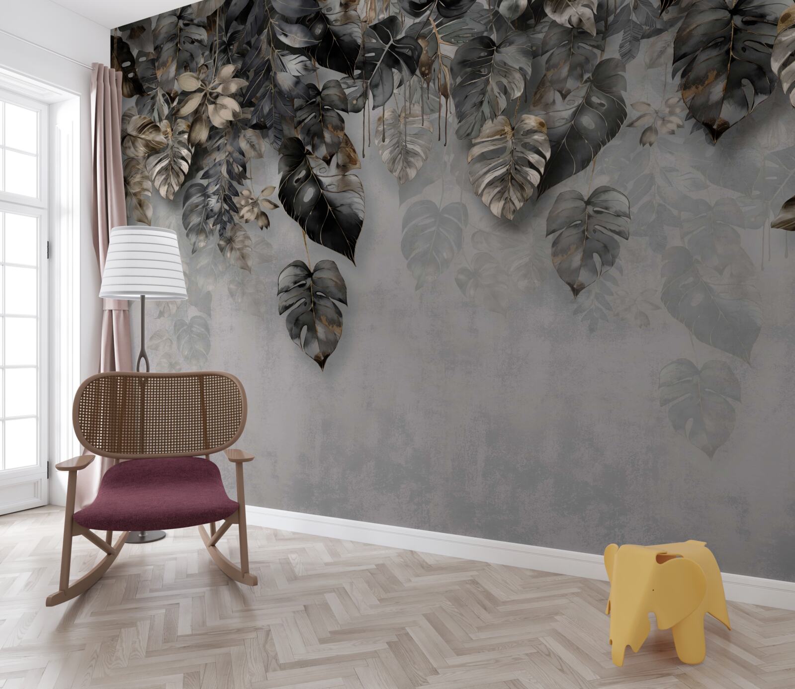 Papier peint feuilles tropicales sombres suspendues