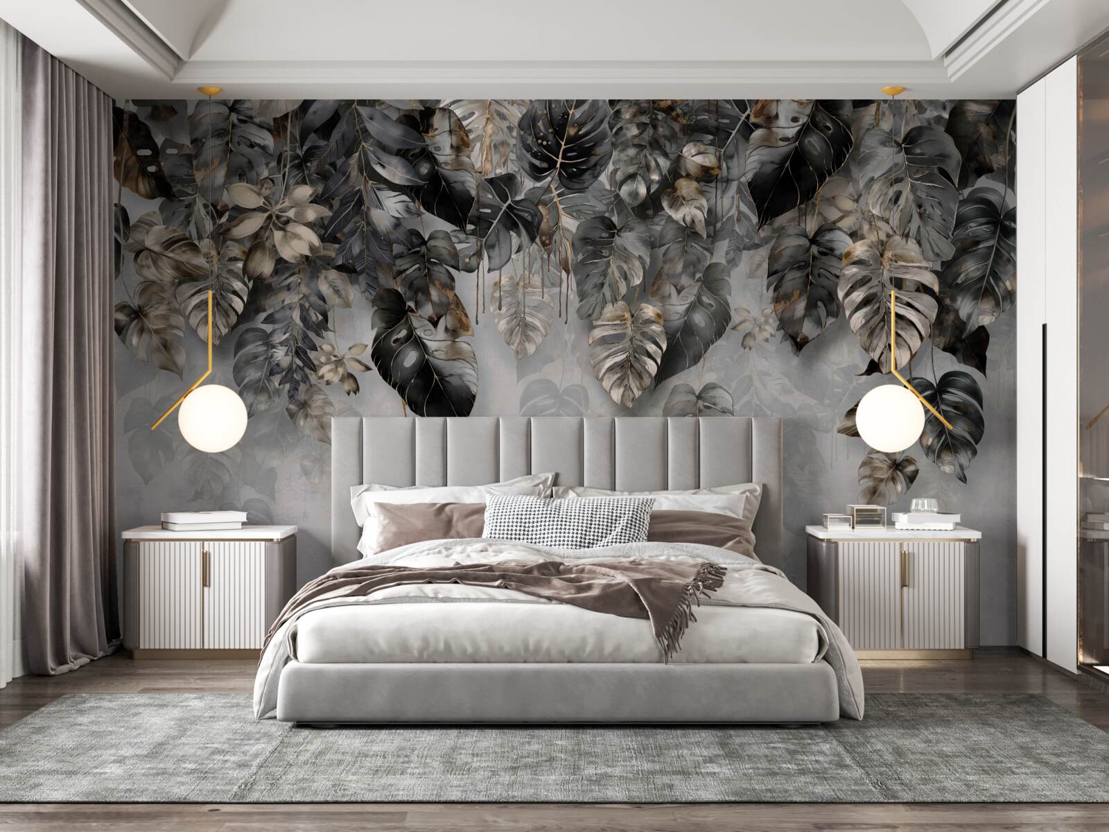 Papier peint feuilles tropicales sombres suspendues