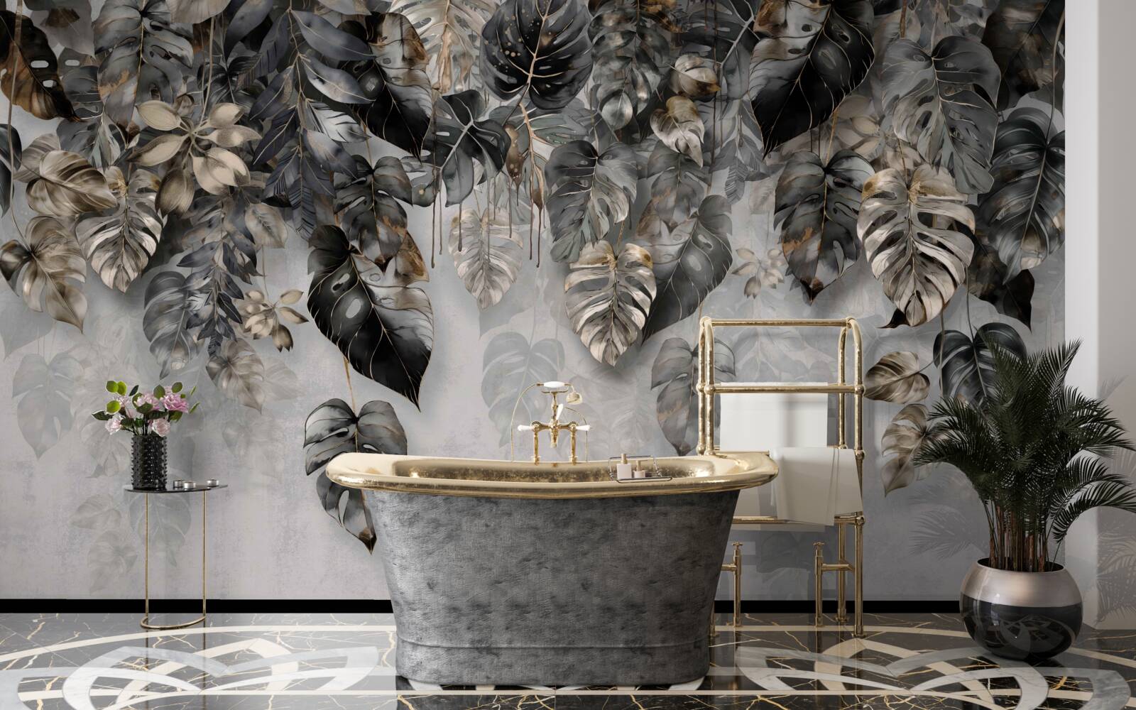 Papier peint feuilles tropicales sombres suspendues