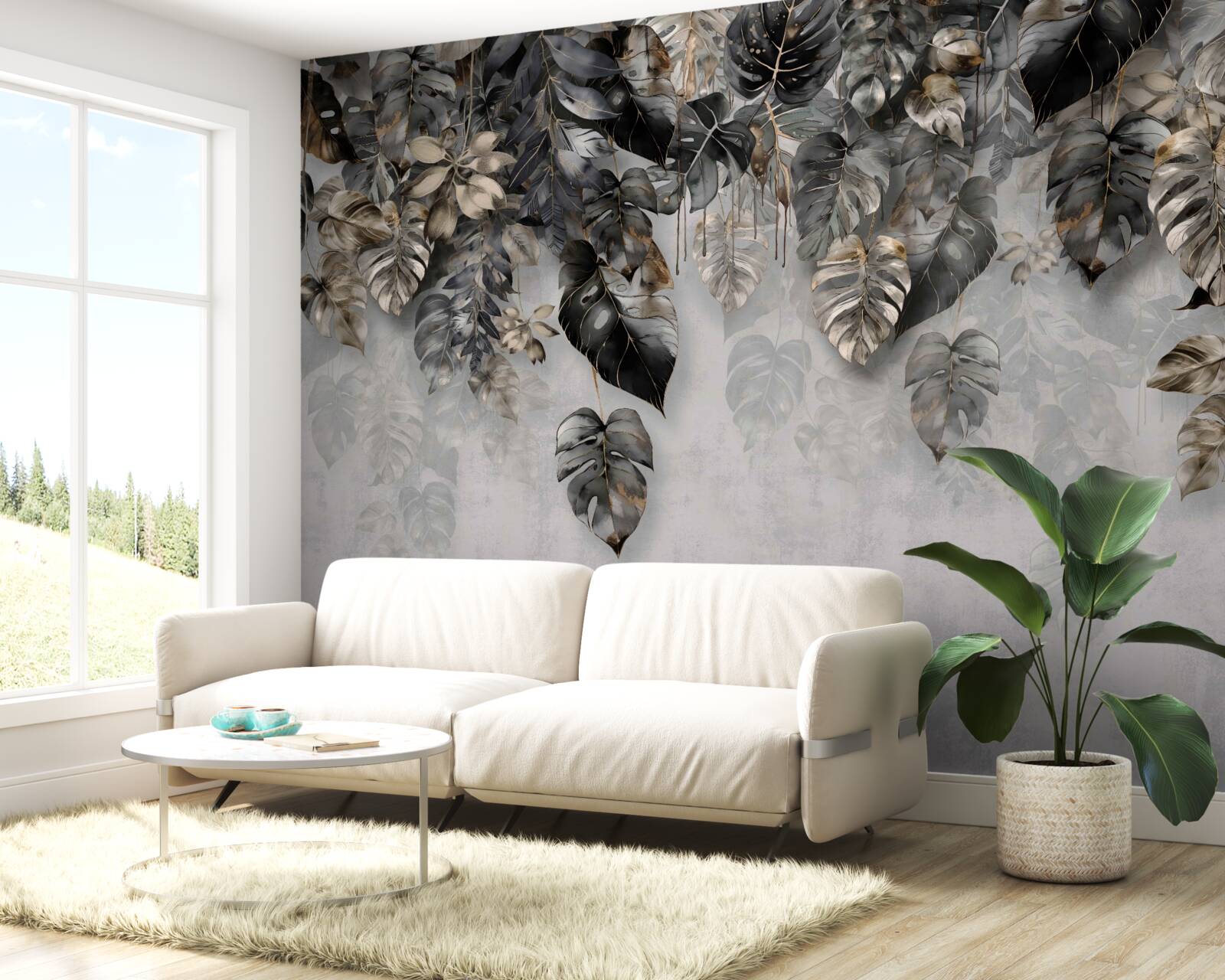 Papier peint feuilles tropicales sombres suspendues