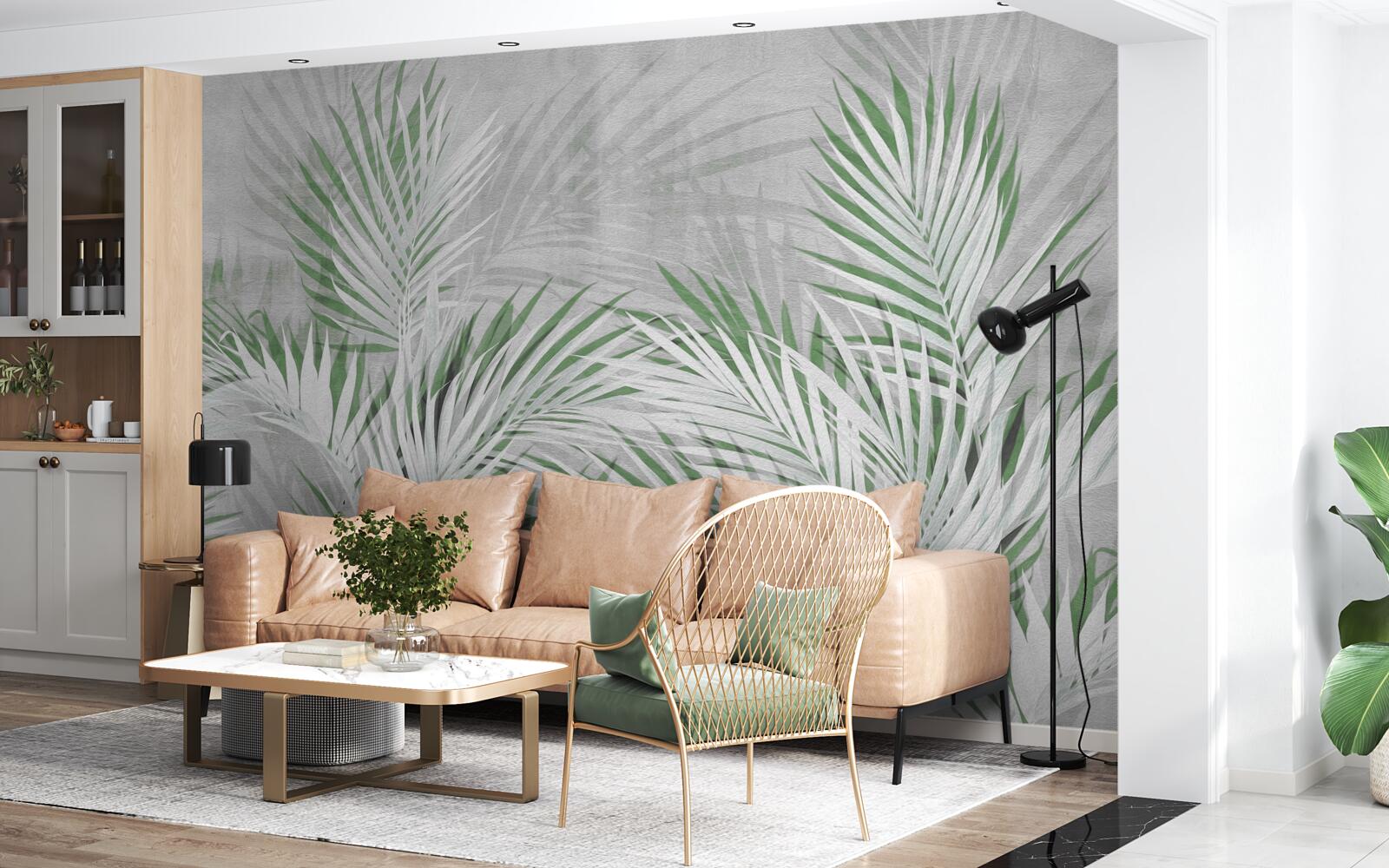 Papier peint feuilles vertes et blanches d'une fougère luxuriante