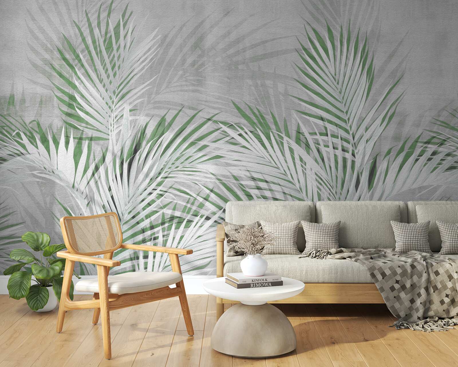 Papier peint feuilles vertes et blanches d'une fougère luxuriante