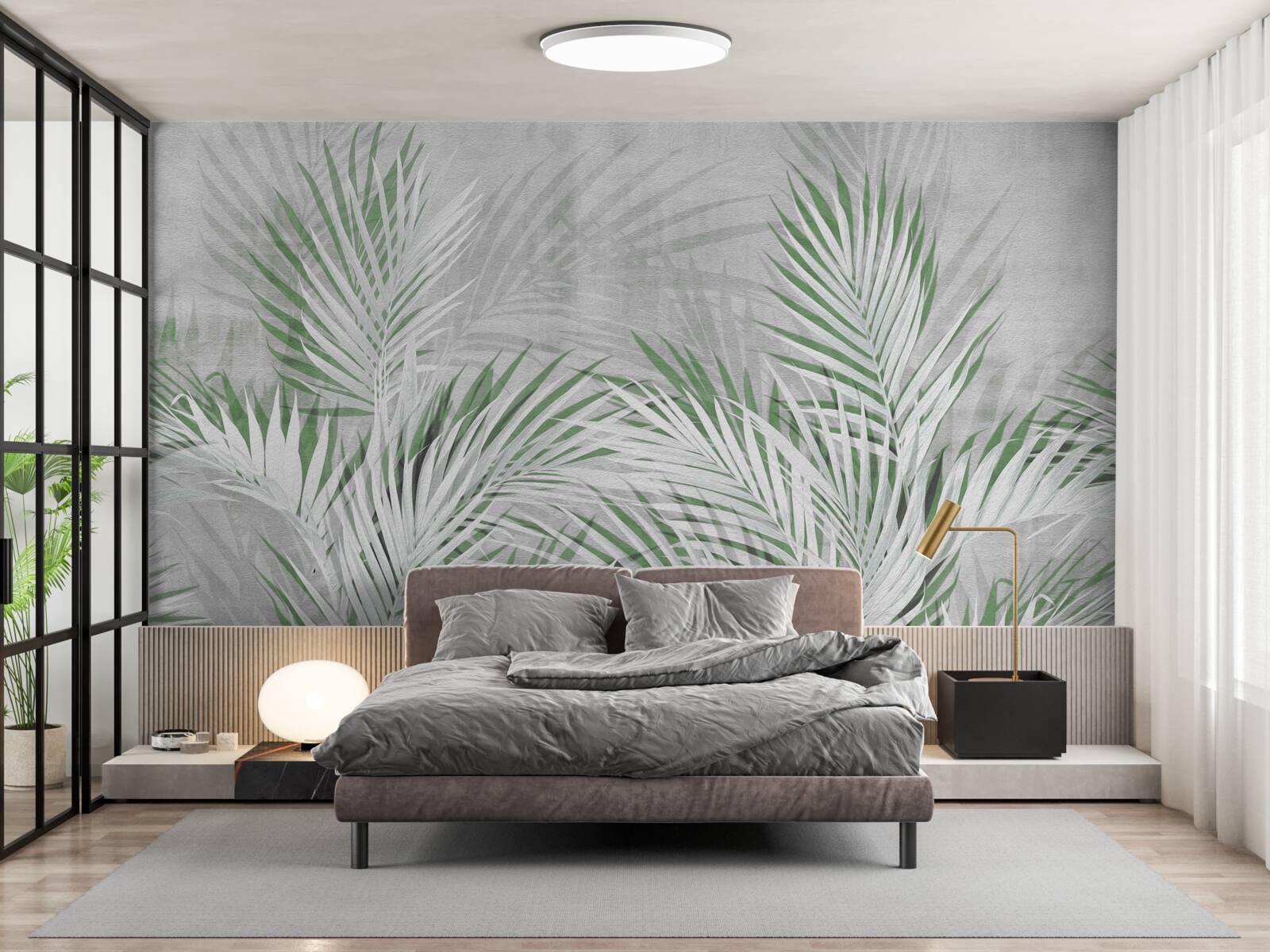 Papier peint feuilles vertes et blanches d'une fougère luxuriante