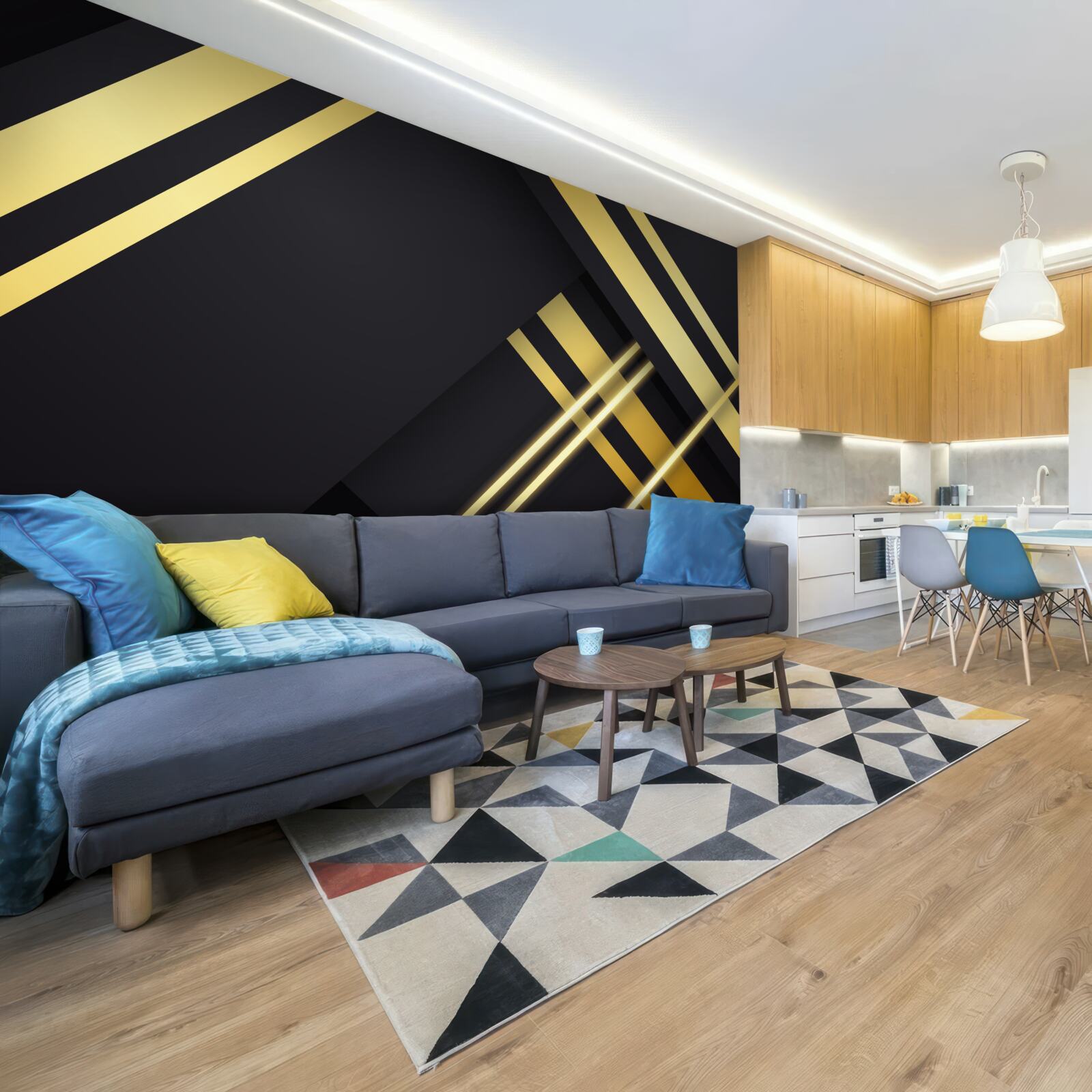 Papier peint lignes droites dorées sur fond noir