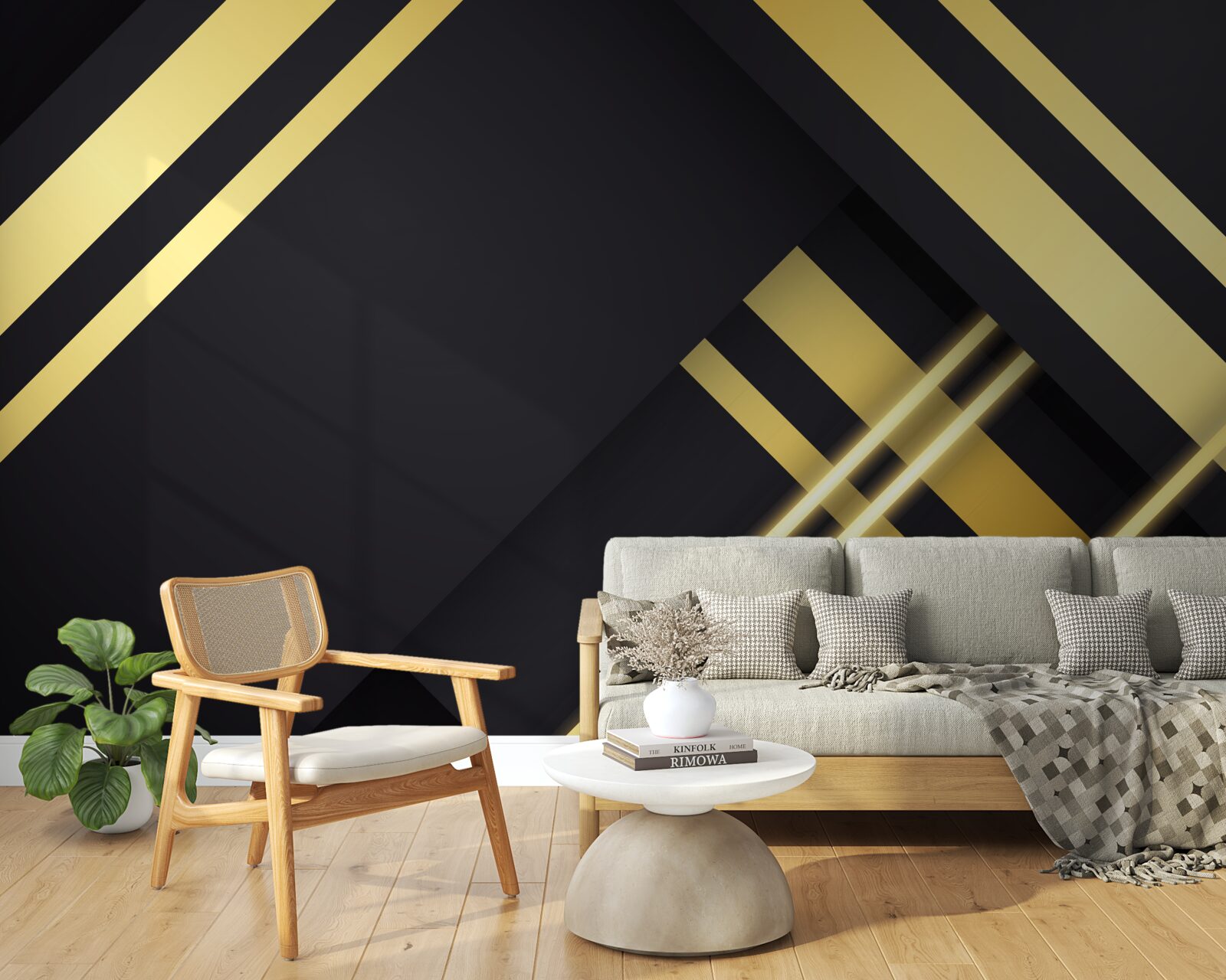 Papier peint lignes droites dorées sur fond noir