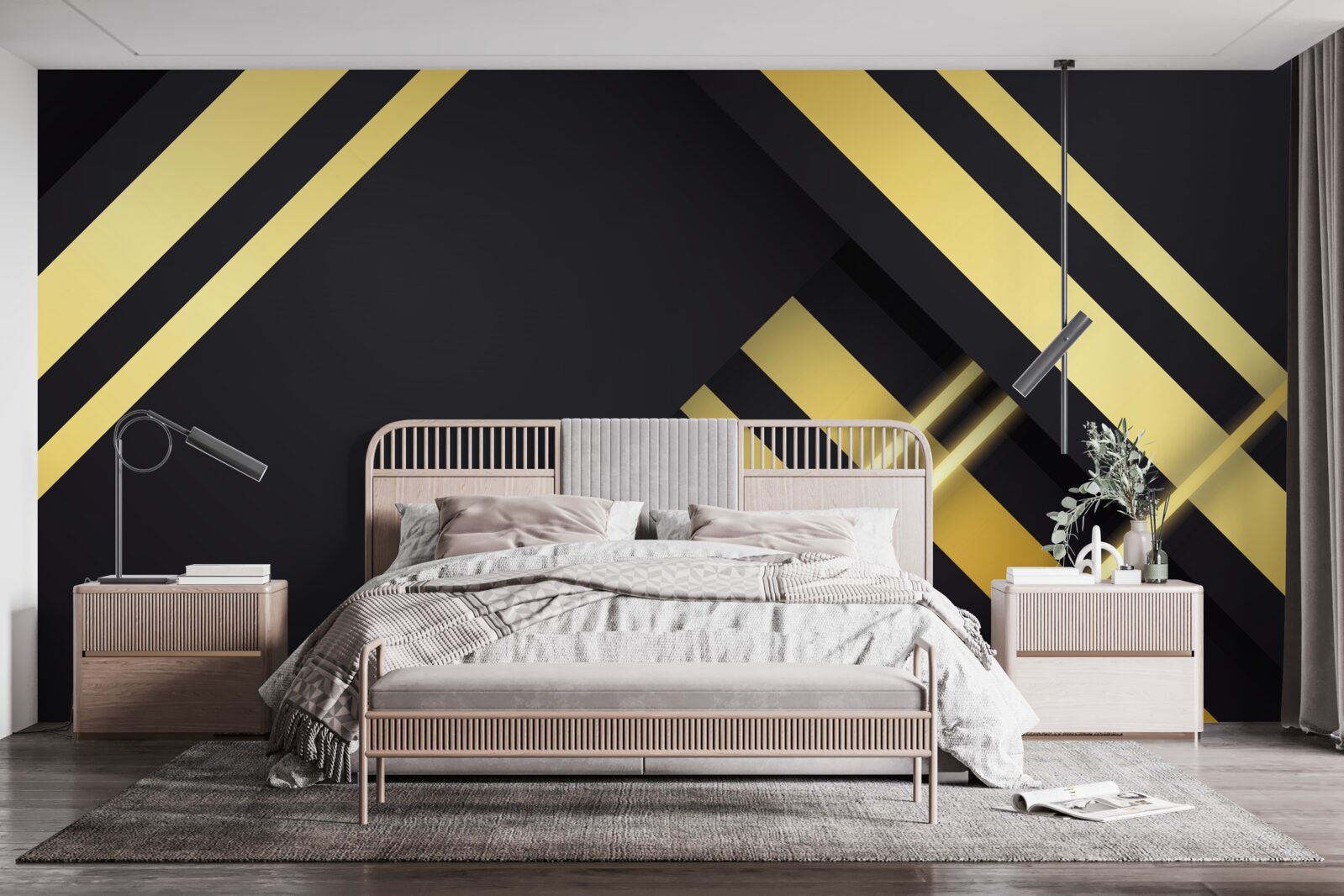 Papier peint lignes droites dorées sur fond noir