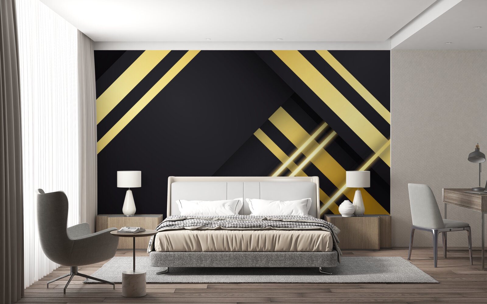 Papier peint lignes droites dorées sur fond noir