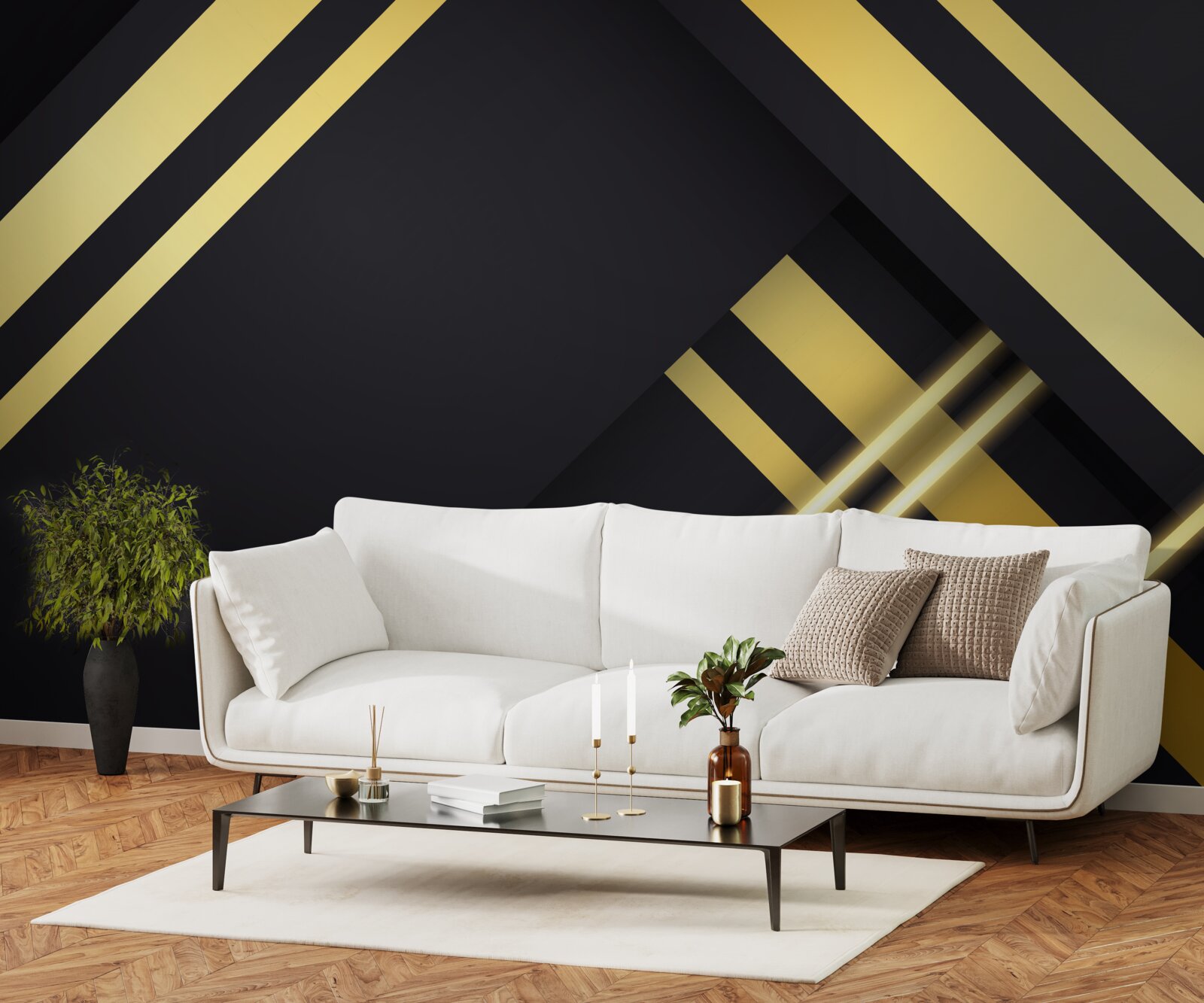 Papier peint lignes droites dorées sur fond noir