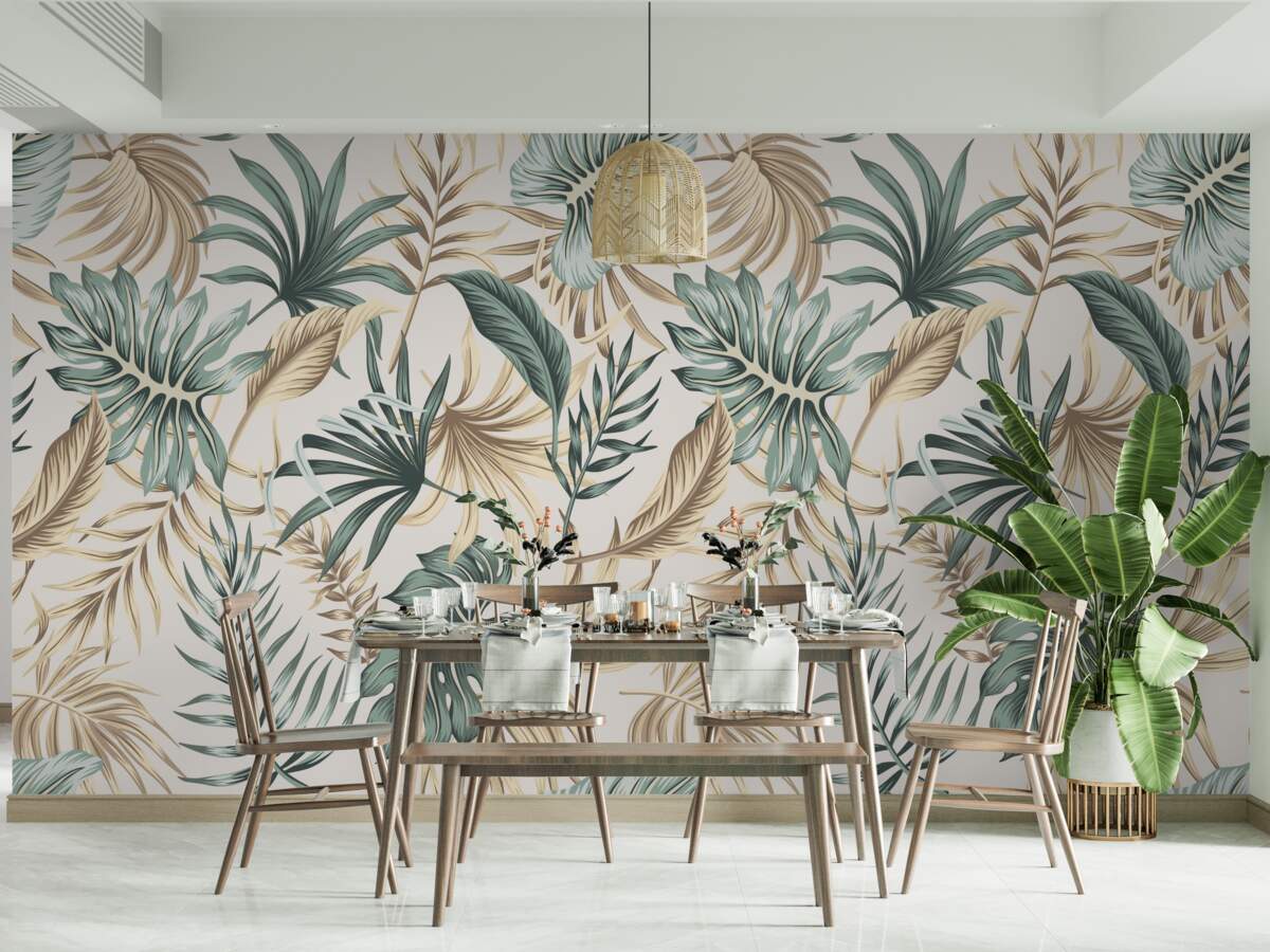 Papier peint feuilles de la jungle dans les tons de vert et d'or