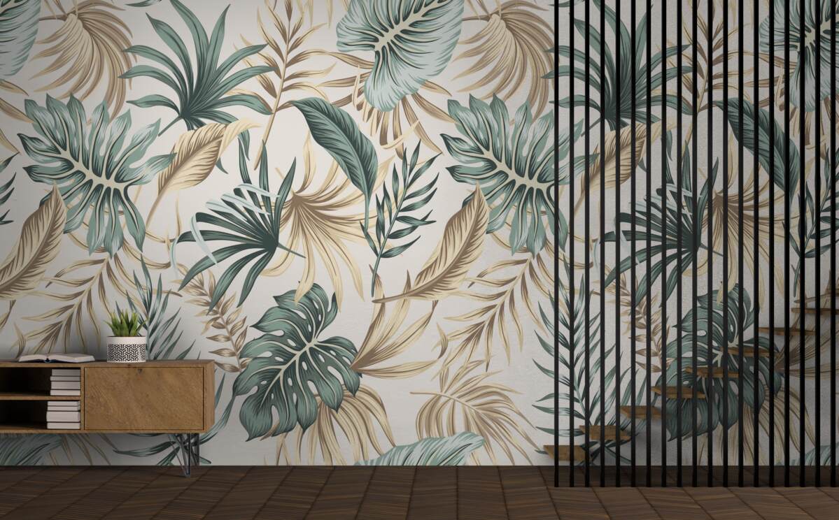 Papier peint feuilles de la jungle dans les tons de vert et d'or