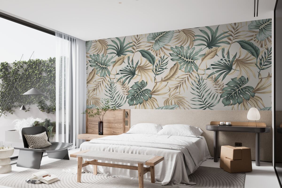 Papier peint feuilles de la jungle dans les tons de vert et d'or