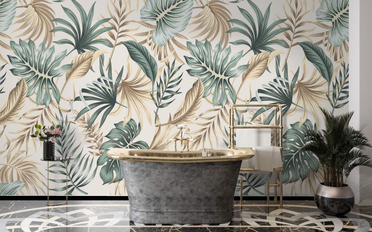 Papier peint feuilles de la jungle dans les tons de vert et d'or