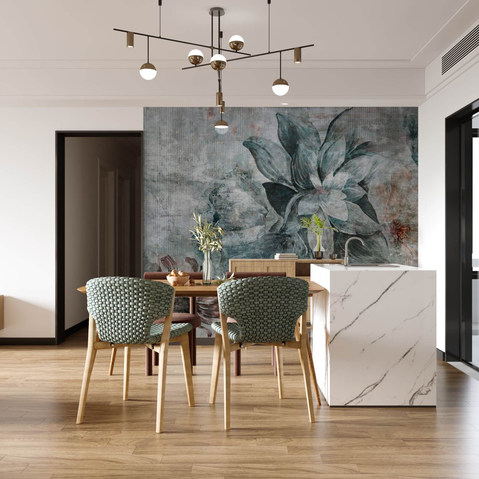 Papier peint fleur blanc-bleu sur fond flou