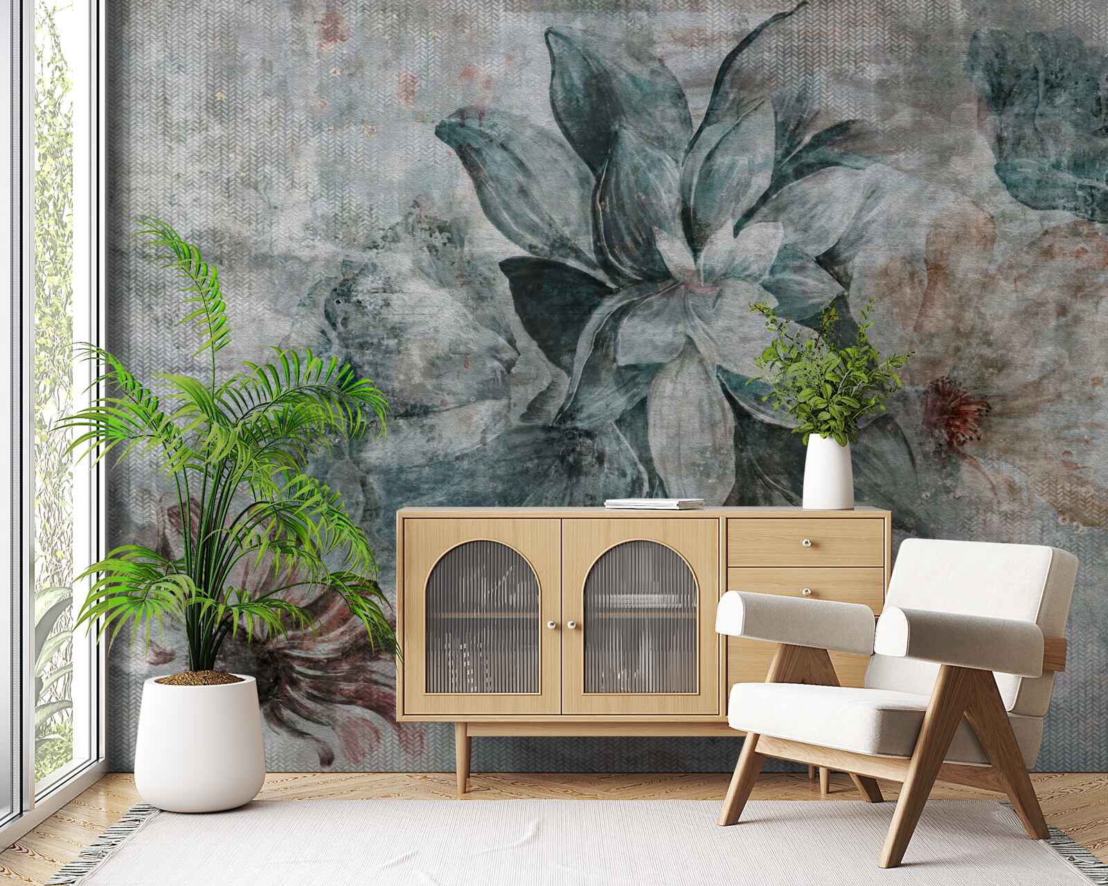 Papier peint fleur blanc-bleu sur fond flou