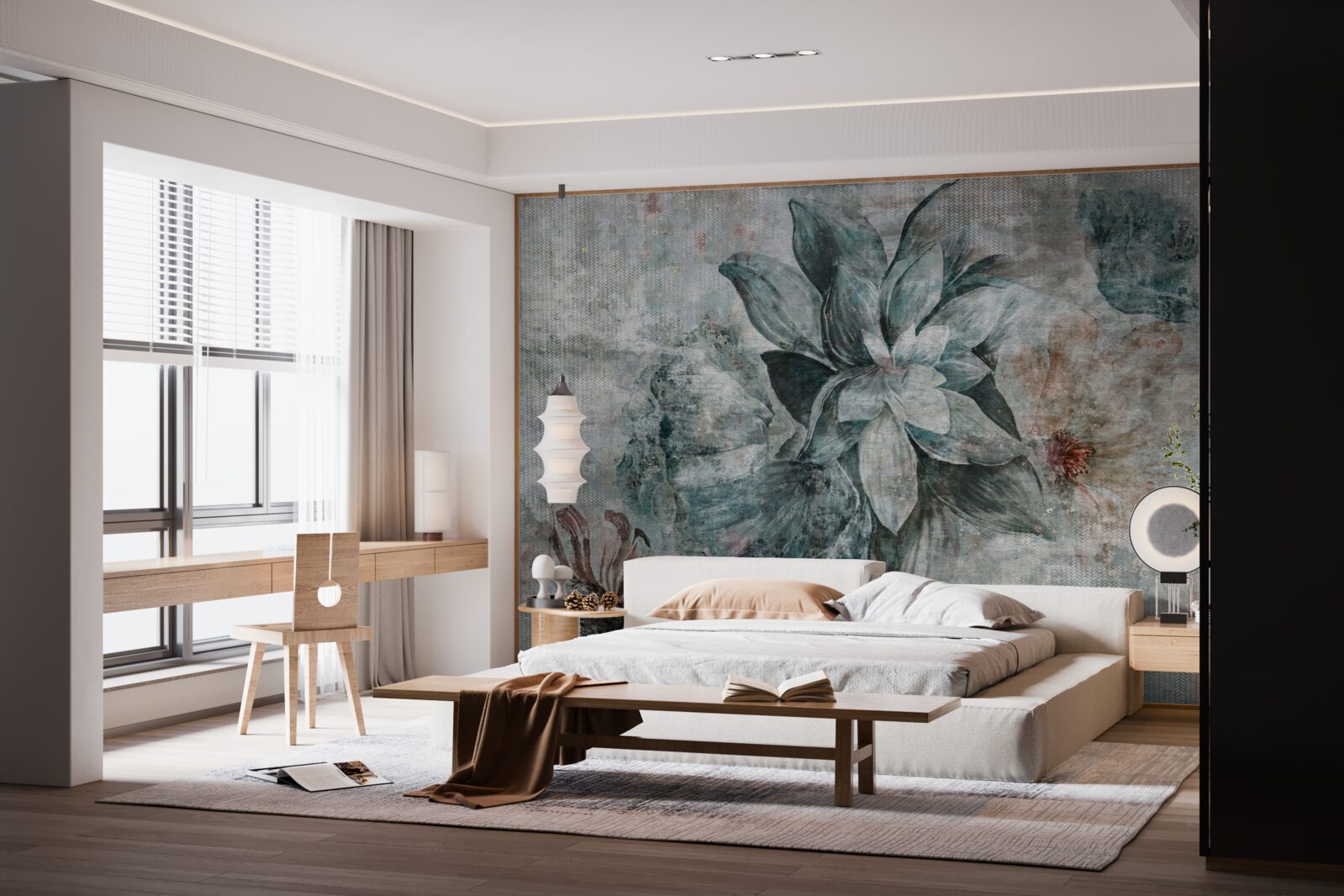 Papier peint fleur blanc-bleu sur fond flou