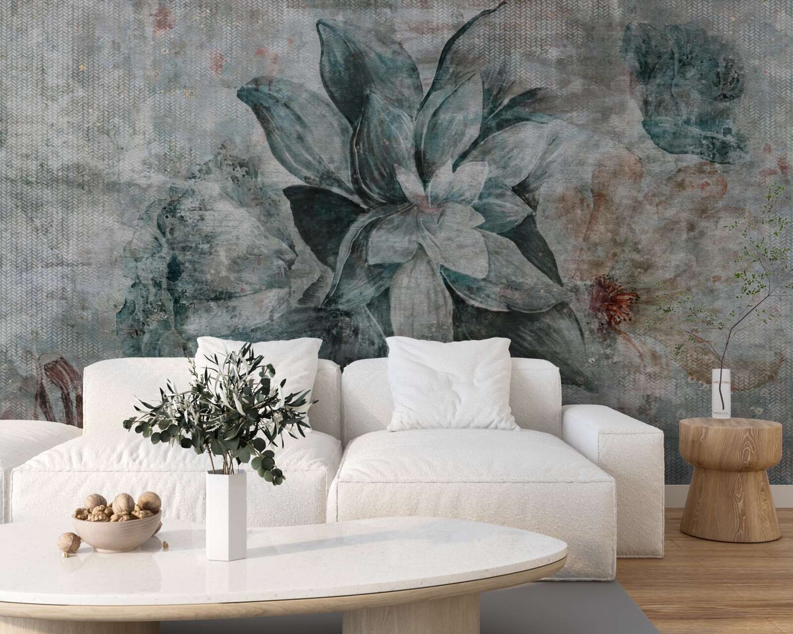 Papier peint fleur blanc-bleu sur fond flou