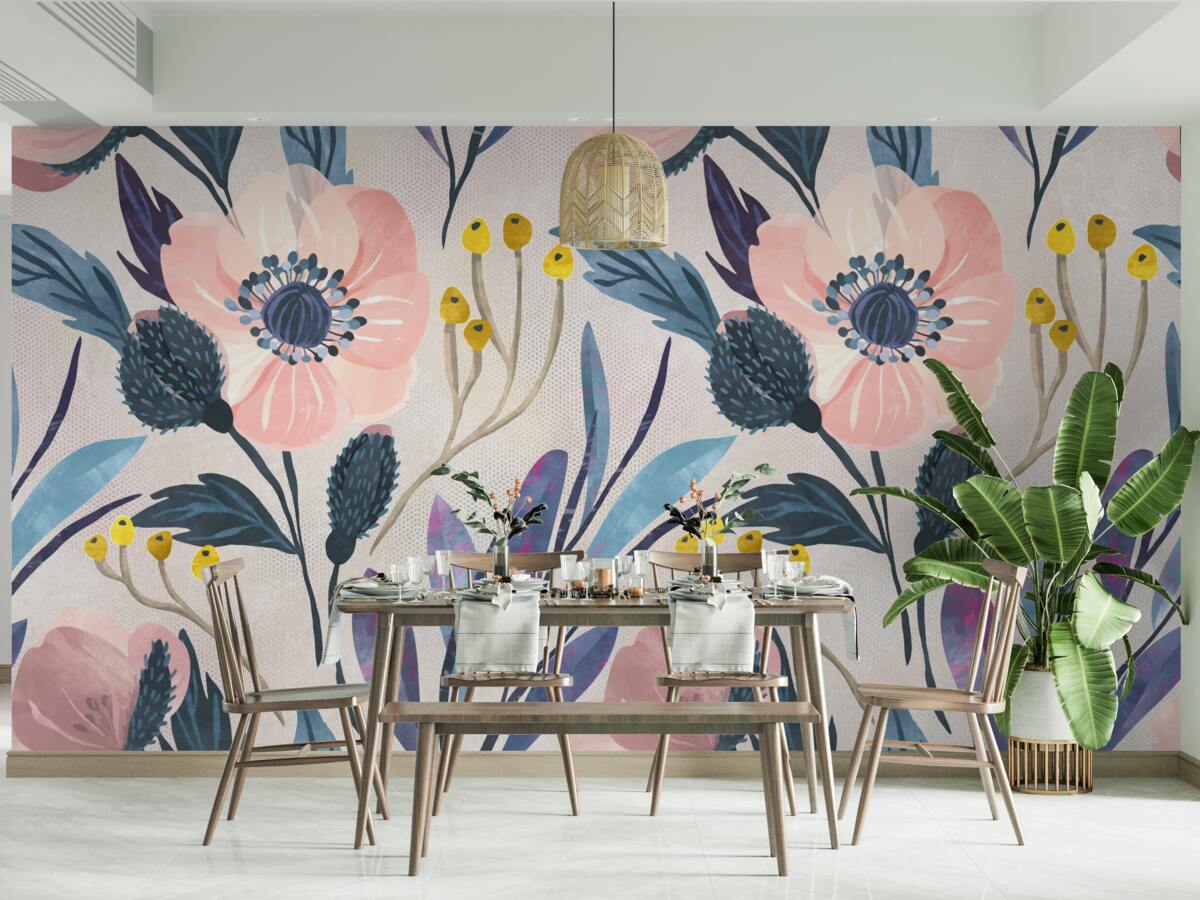 Papier peint coquelicots roses parmi les feuilles