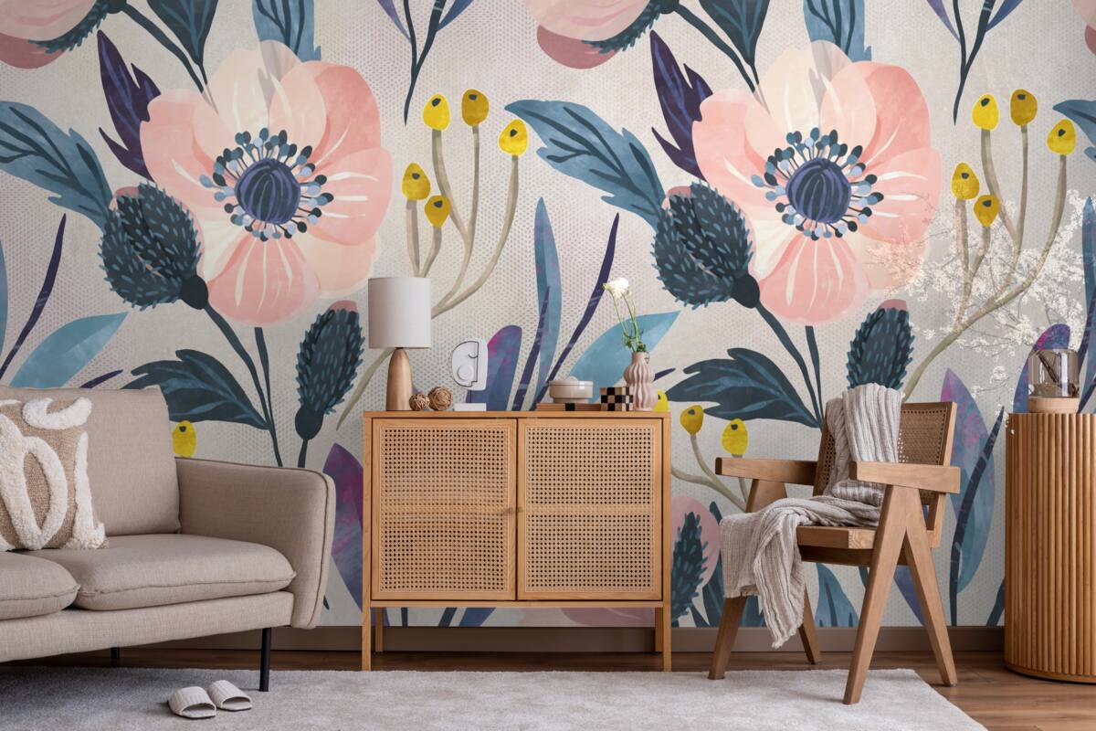 Papier peint coquelicots roses parmi les feuilles