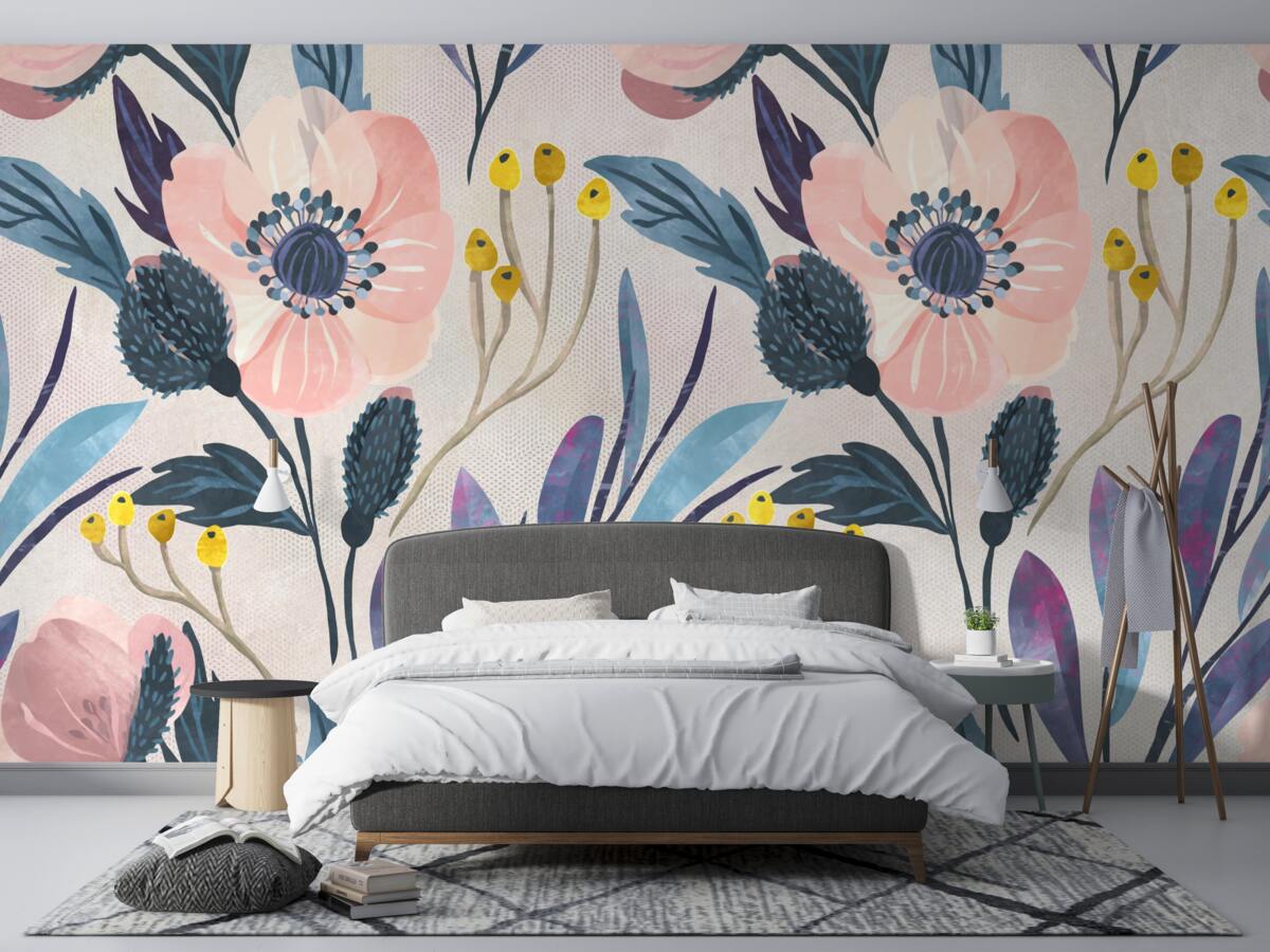 Papier peint coquelicots roses parmi les feuilles