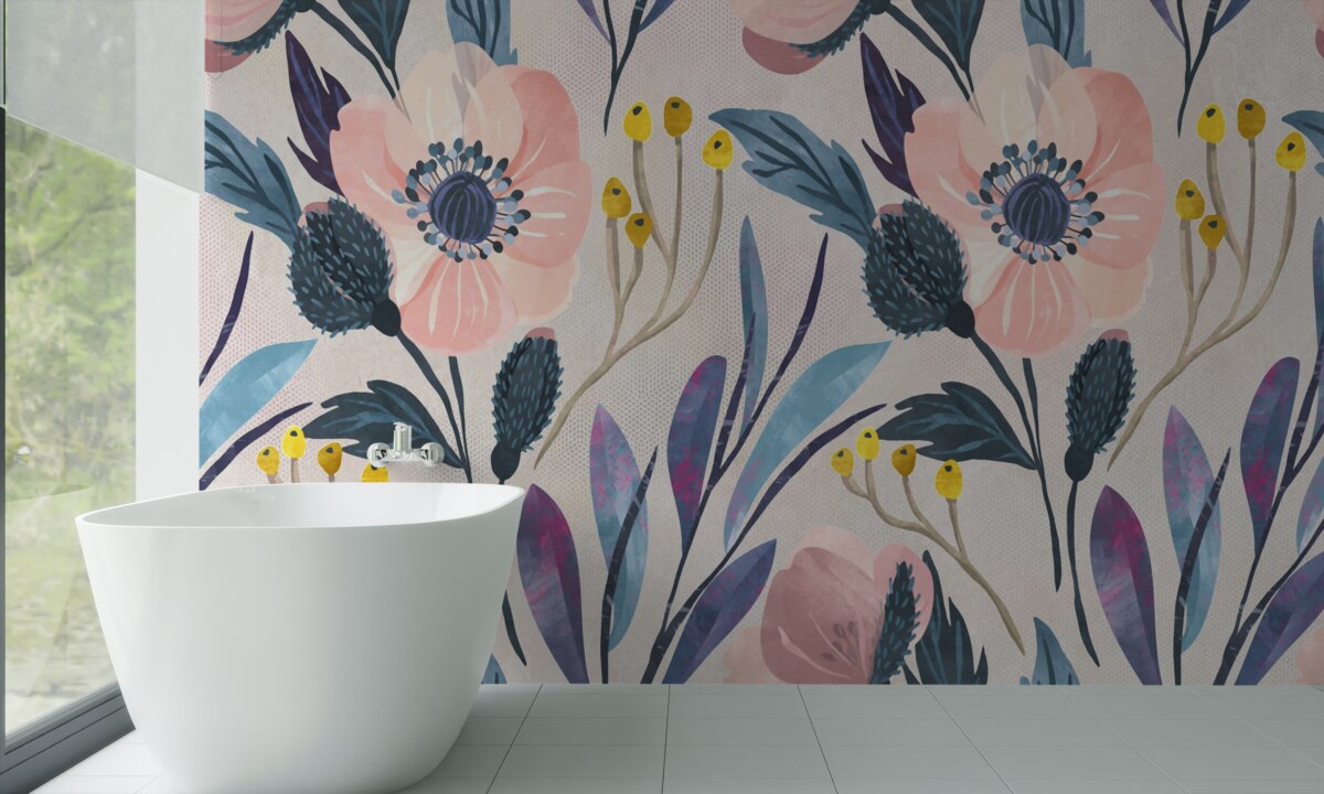 Papier peint coquelicots roses parmi les feuilles