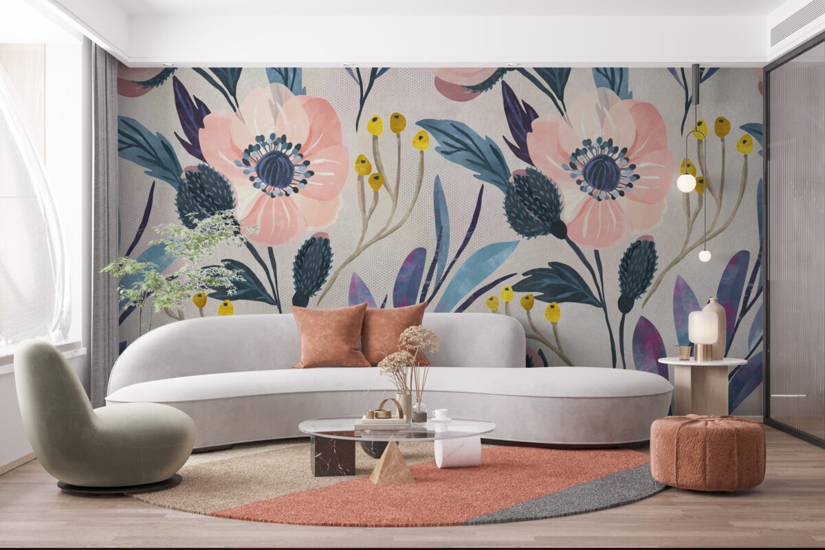 Papier peint coquelicots roses parmi les feuilles