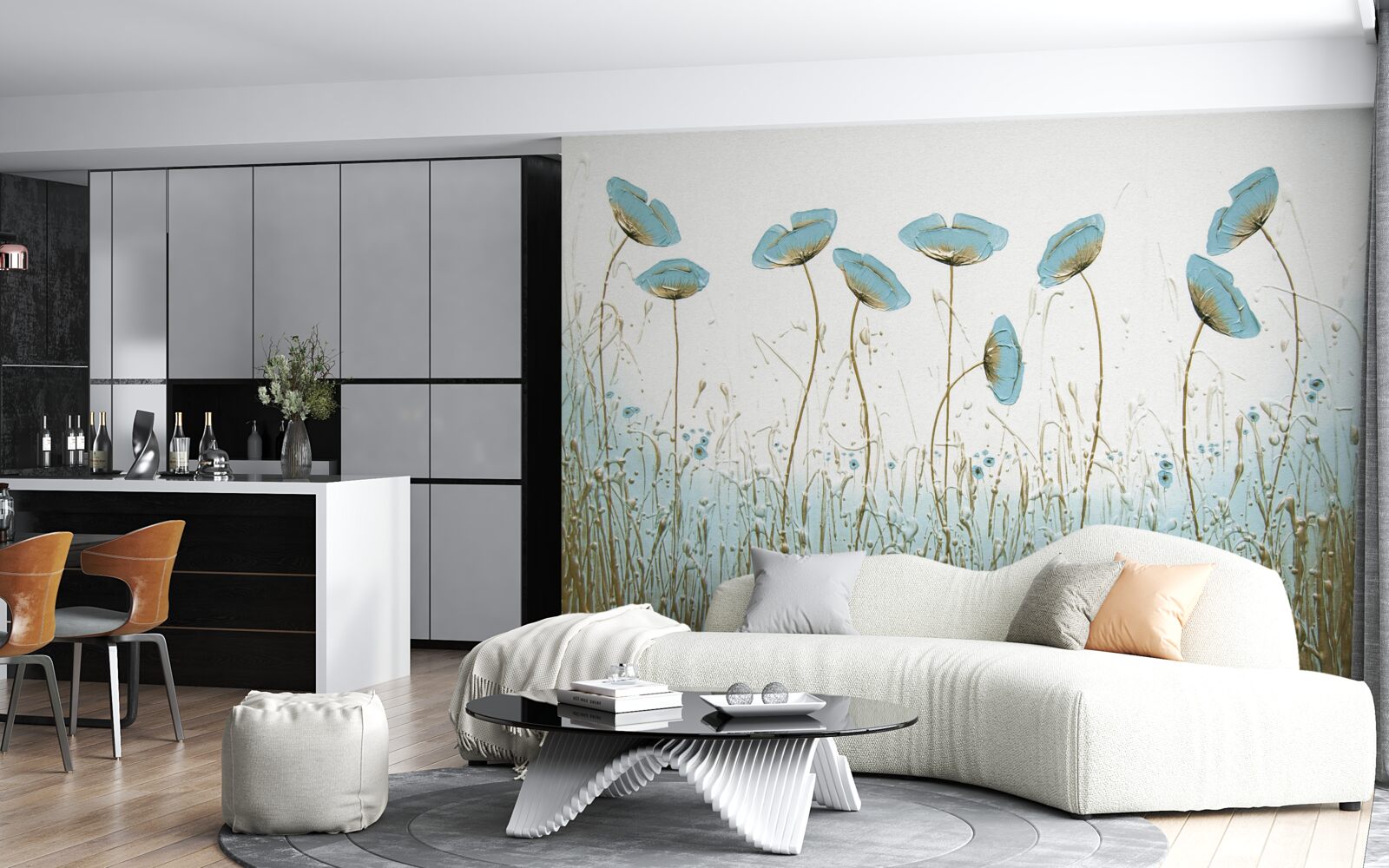 Papier peint coquelicots bleus élancés