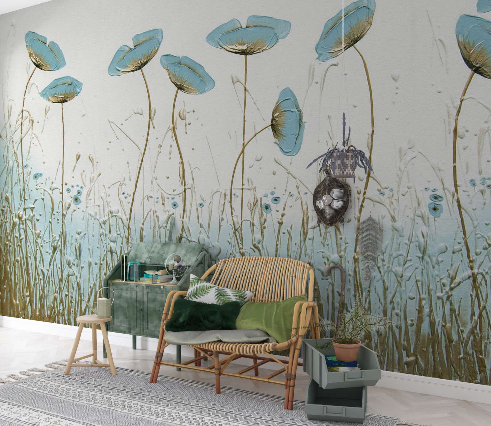 Papier peint coquelicots bleus élancés