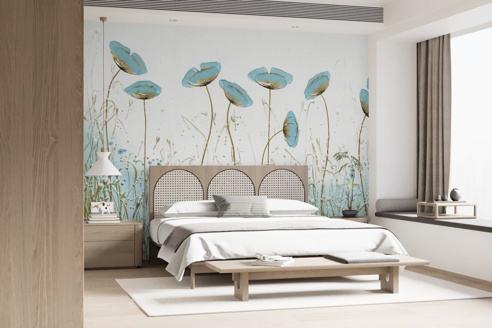 Papier peint coquelicots bleus élancés