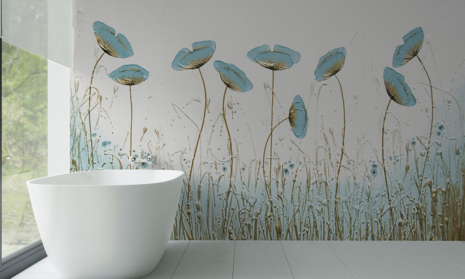 Papier peint coquelicots bleus élancés