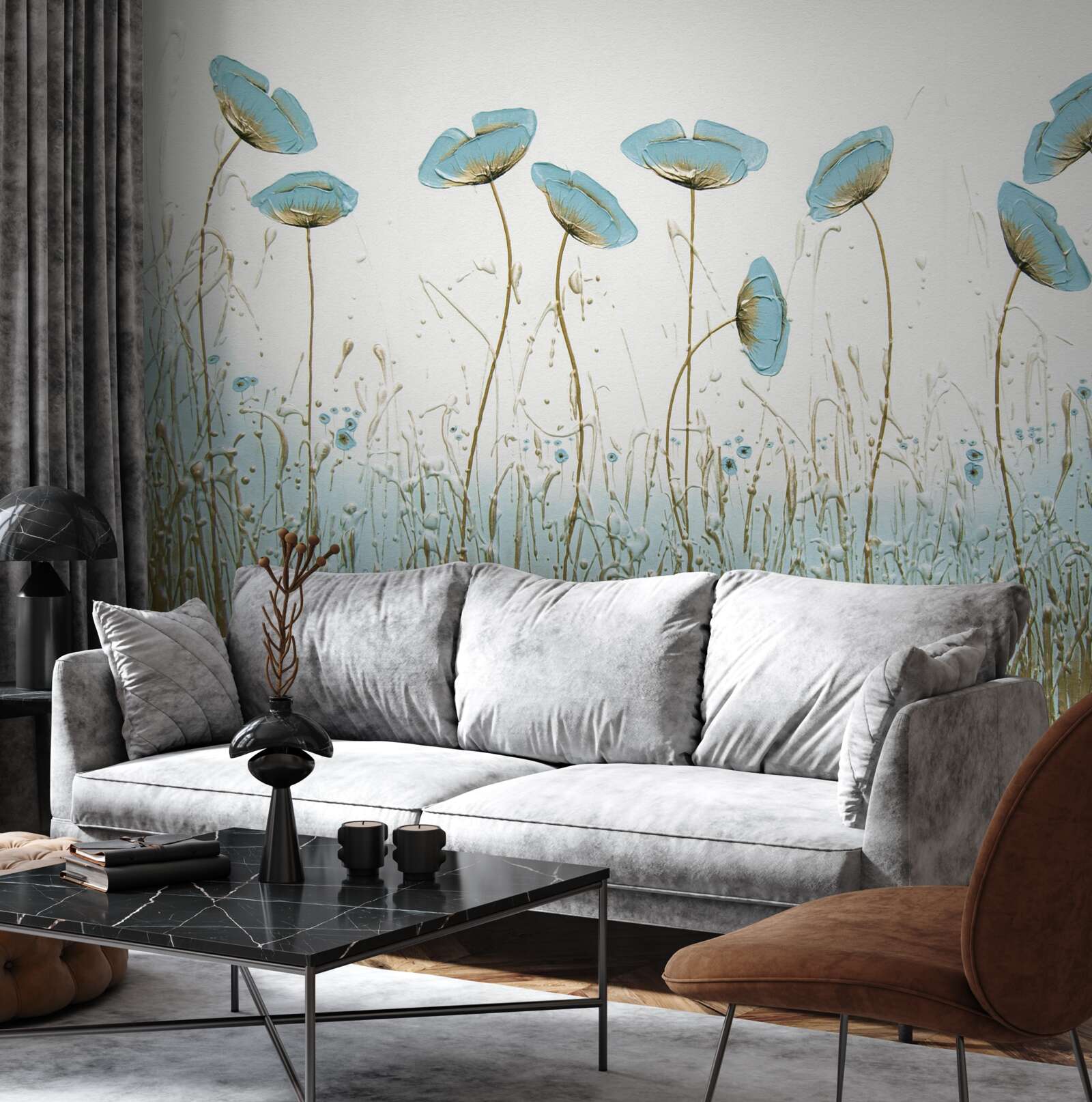 Papier peint coquelicots bleus élancés