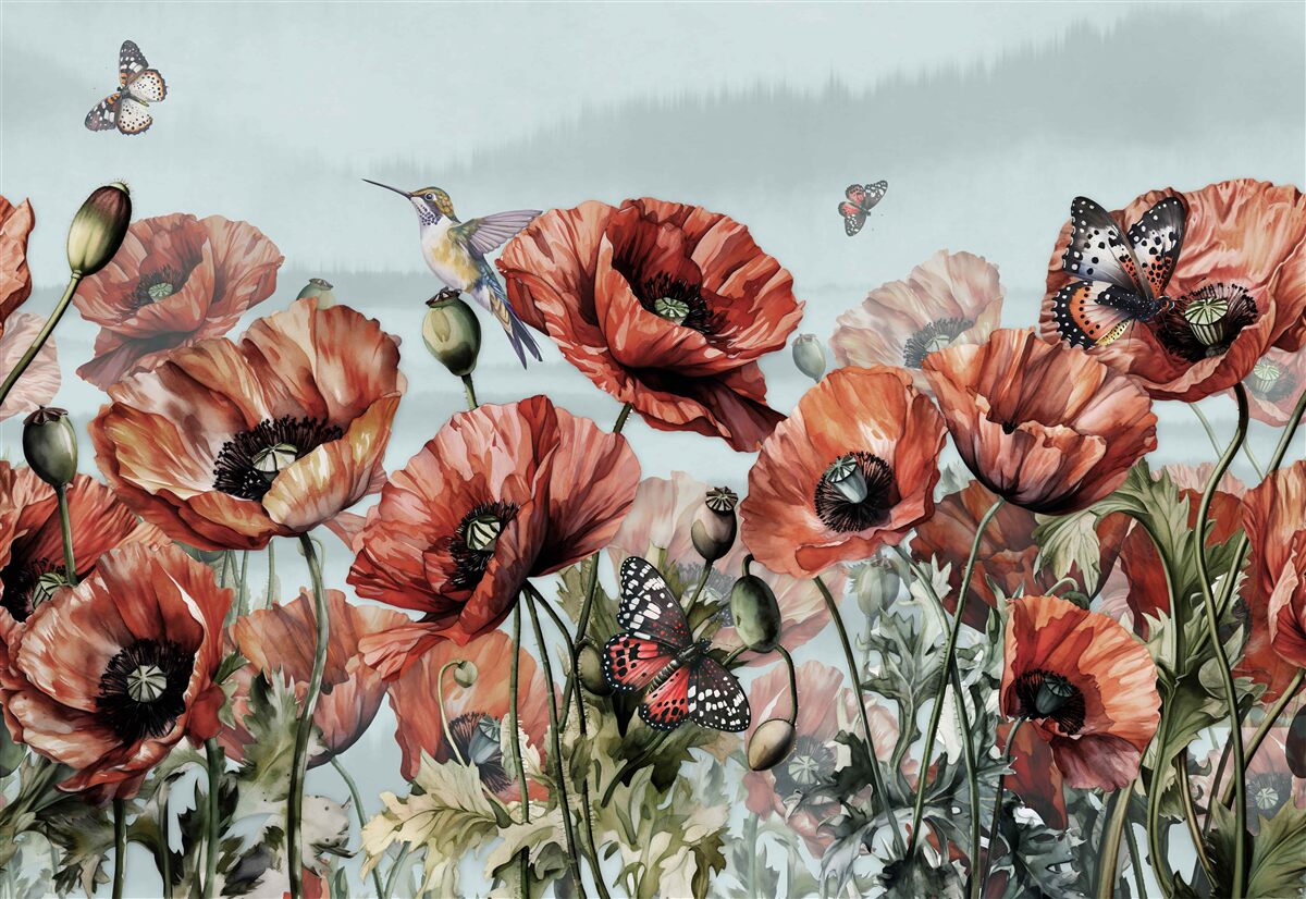 Papier peint papillons volant au-dessus d'un champ de coquelicots écarlates