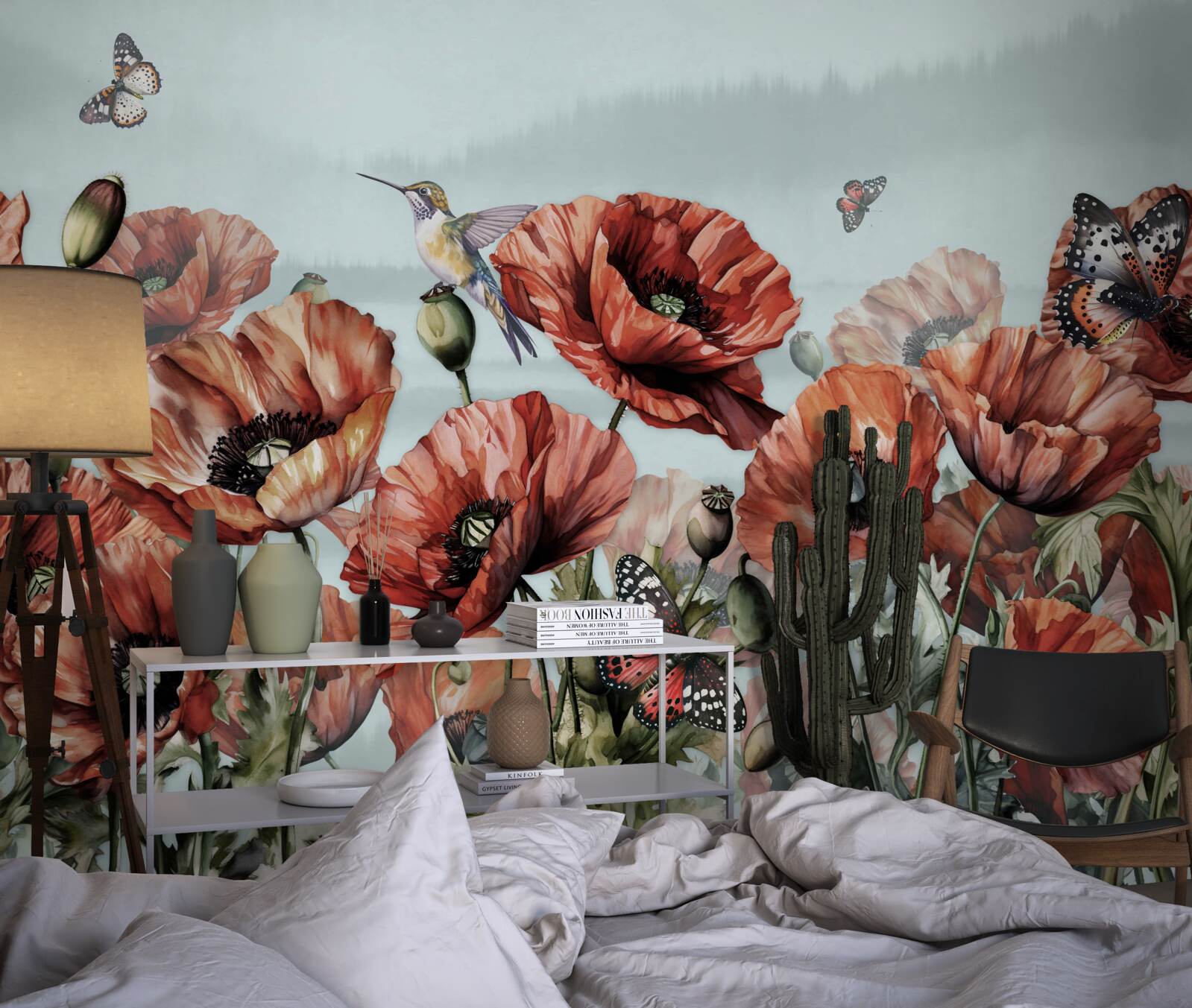 Papier peint papillons volant au-dessus d'un champ de coquelicots écarlates