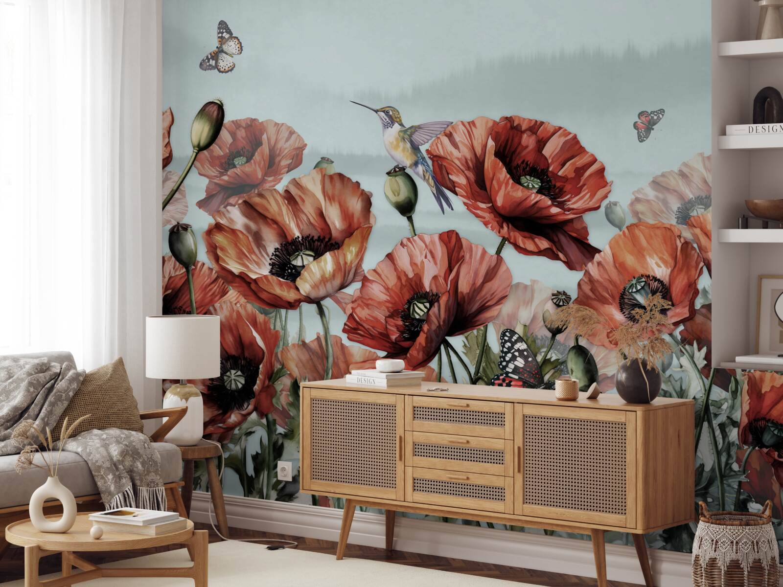 Papier peint papillons volant au-dessus d'un champ de coquelicots écarlates