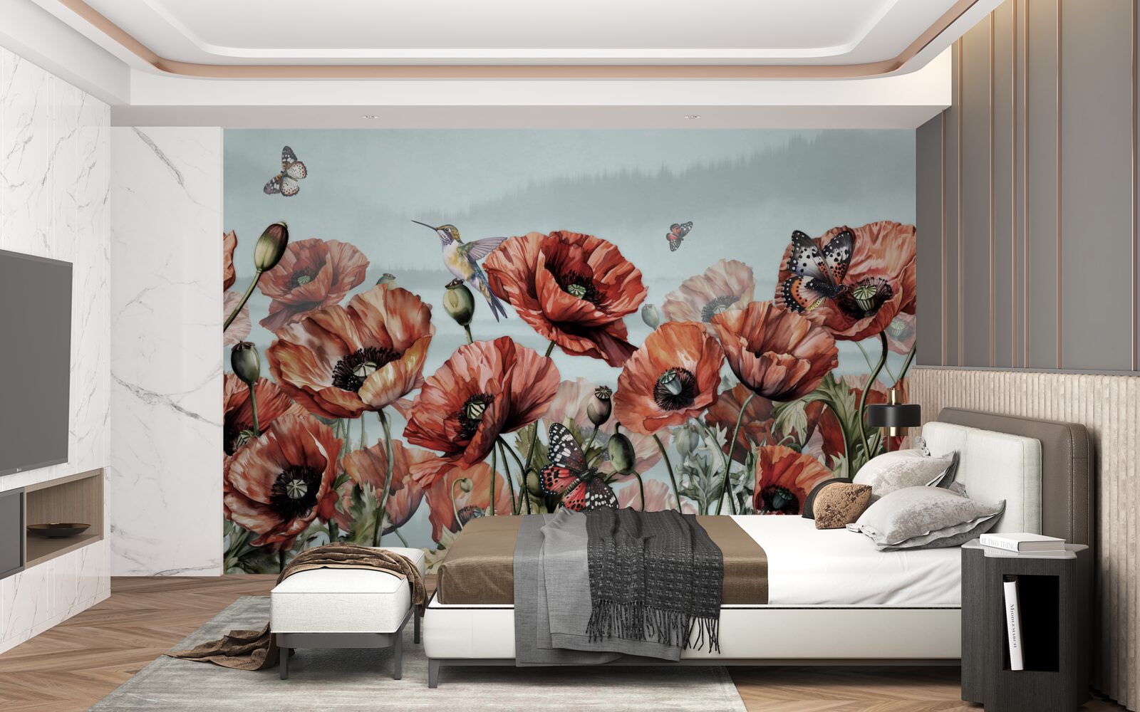 Papier peint papillons volant au-dessus d'un champ de coquelicots écarlates