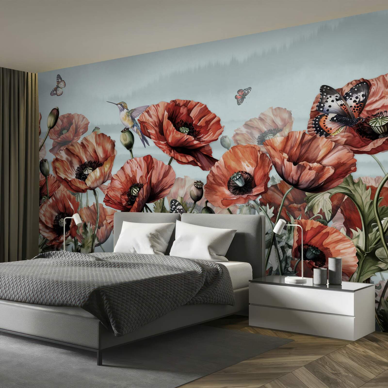 Papier peint papillons volant au-dessus d'un champ de coquelicots écarlates