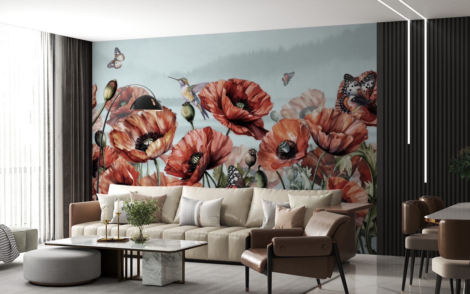 Papier peint papillons volant au-dessus d'un champ de coquelicots écarlates