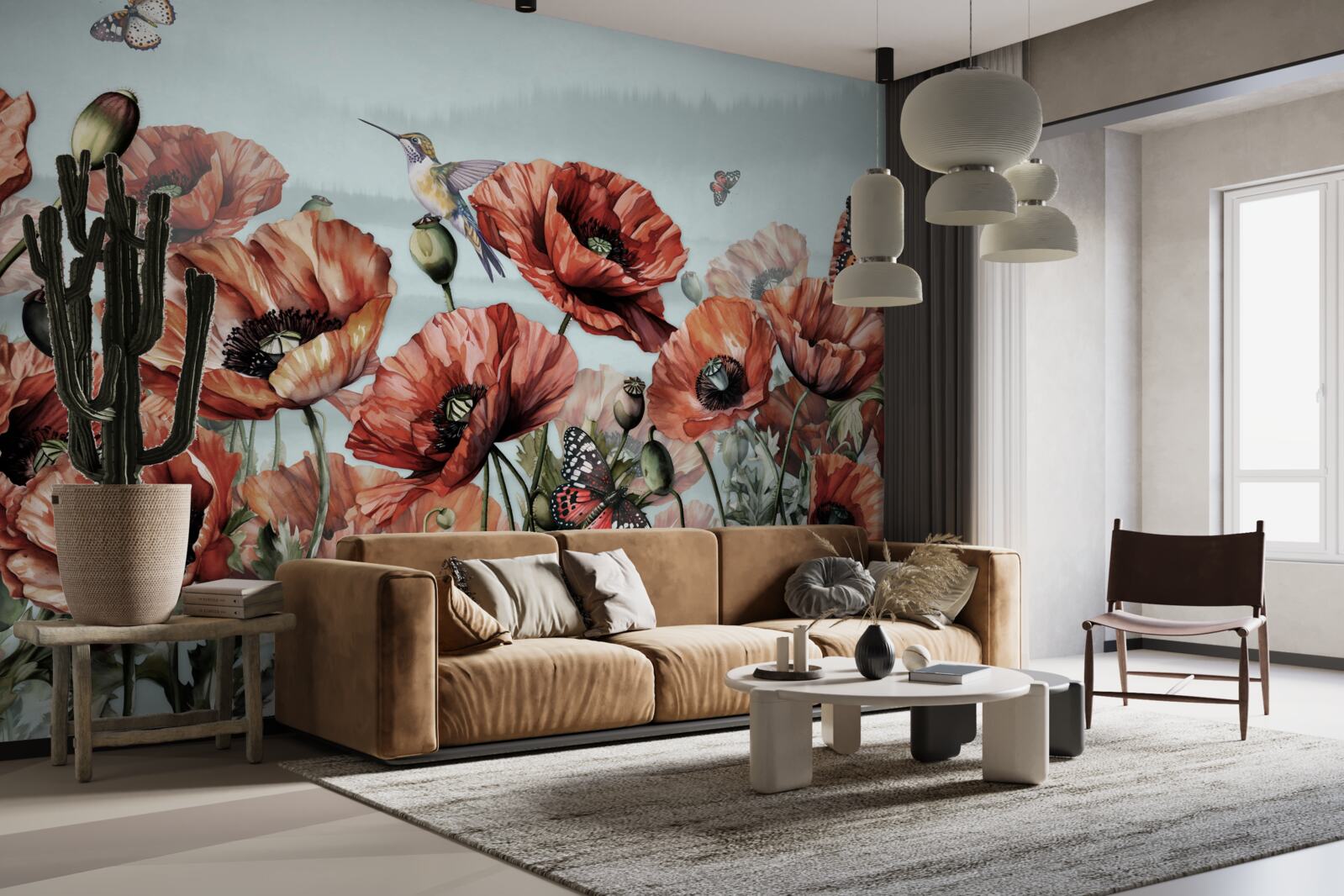 Papier peint papillons volant au-dessus d'un champ de coquelicots écarlates