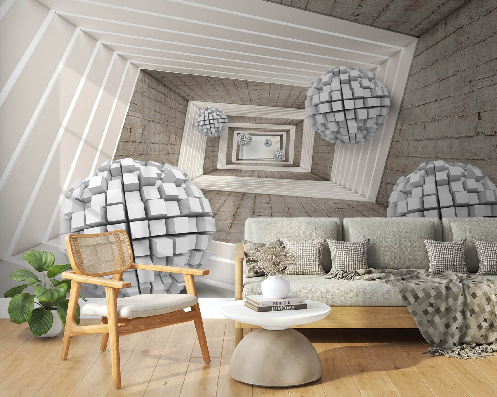 Papier peint des boules formées par des cubes et un couloir sans fin