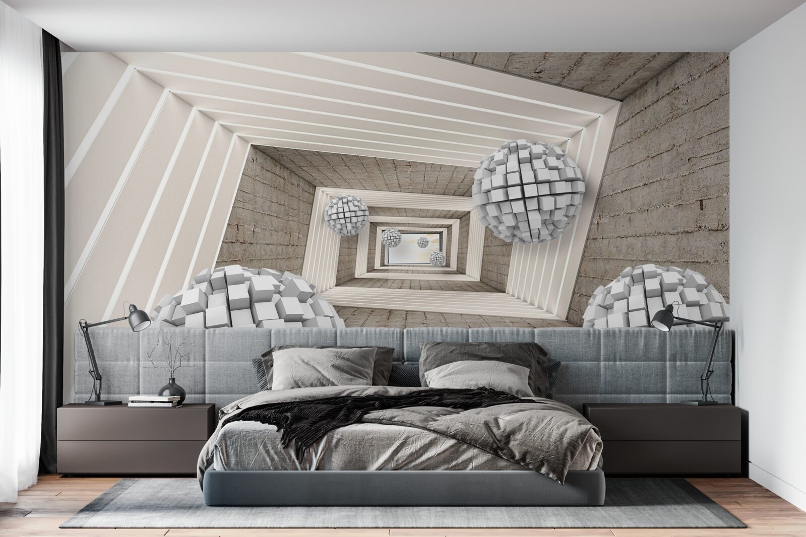 Papier peint des boules formées par des cubes et un couloir sans fin