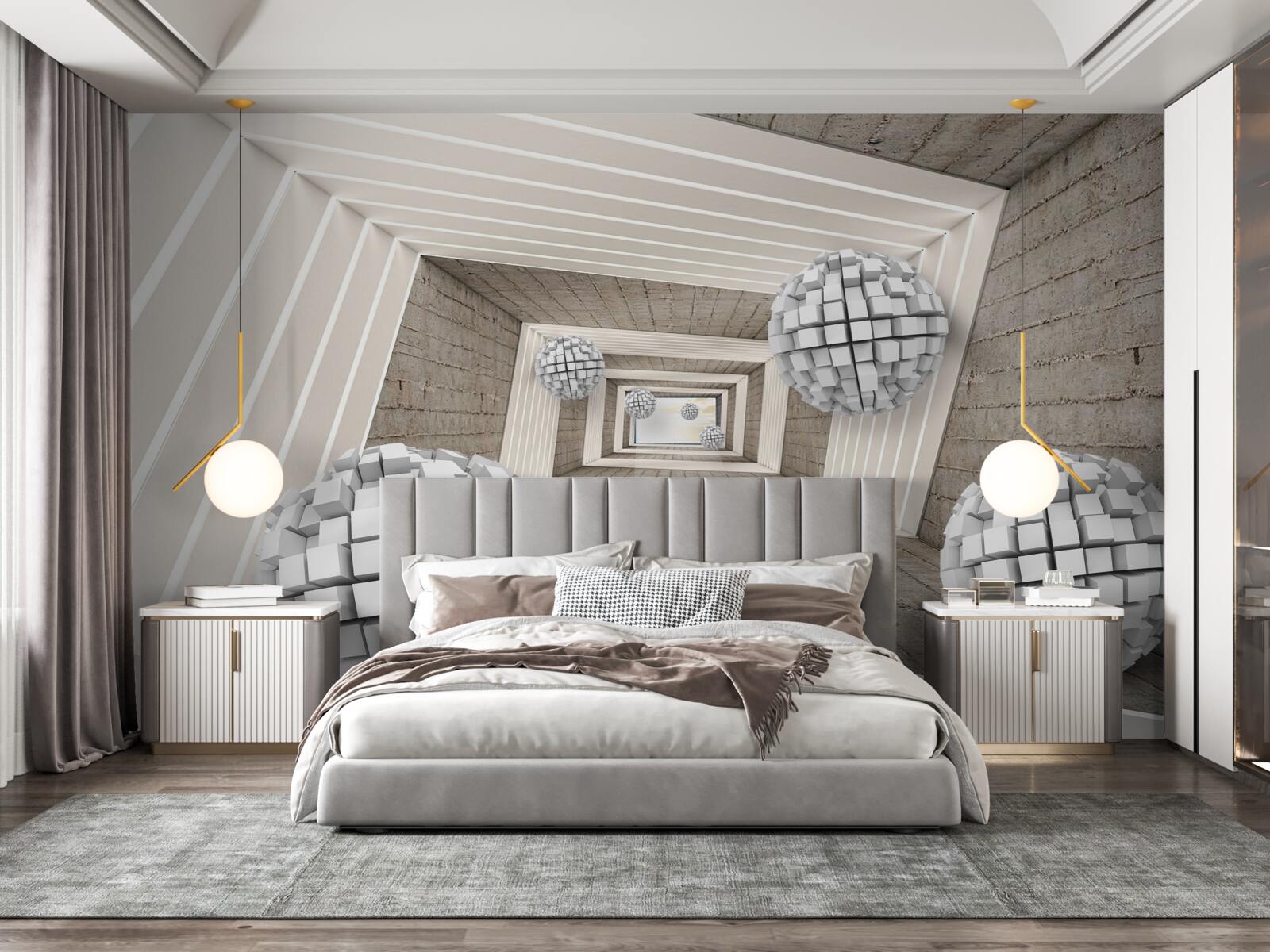 Papier peint des boules formées par des cubes et un couloir sans fin